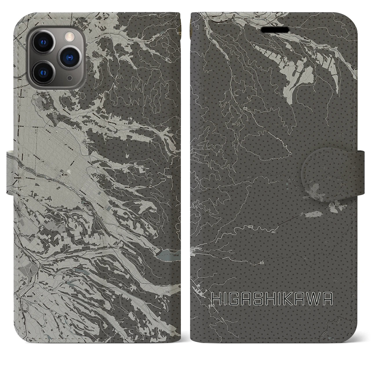 【東川(北海道)】地図柄iPhoneケース(手帳タイプ)モノトーン・iPhone 11 Pro Max 用