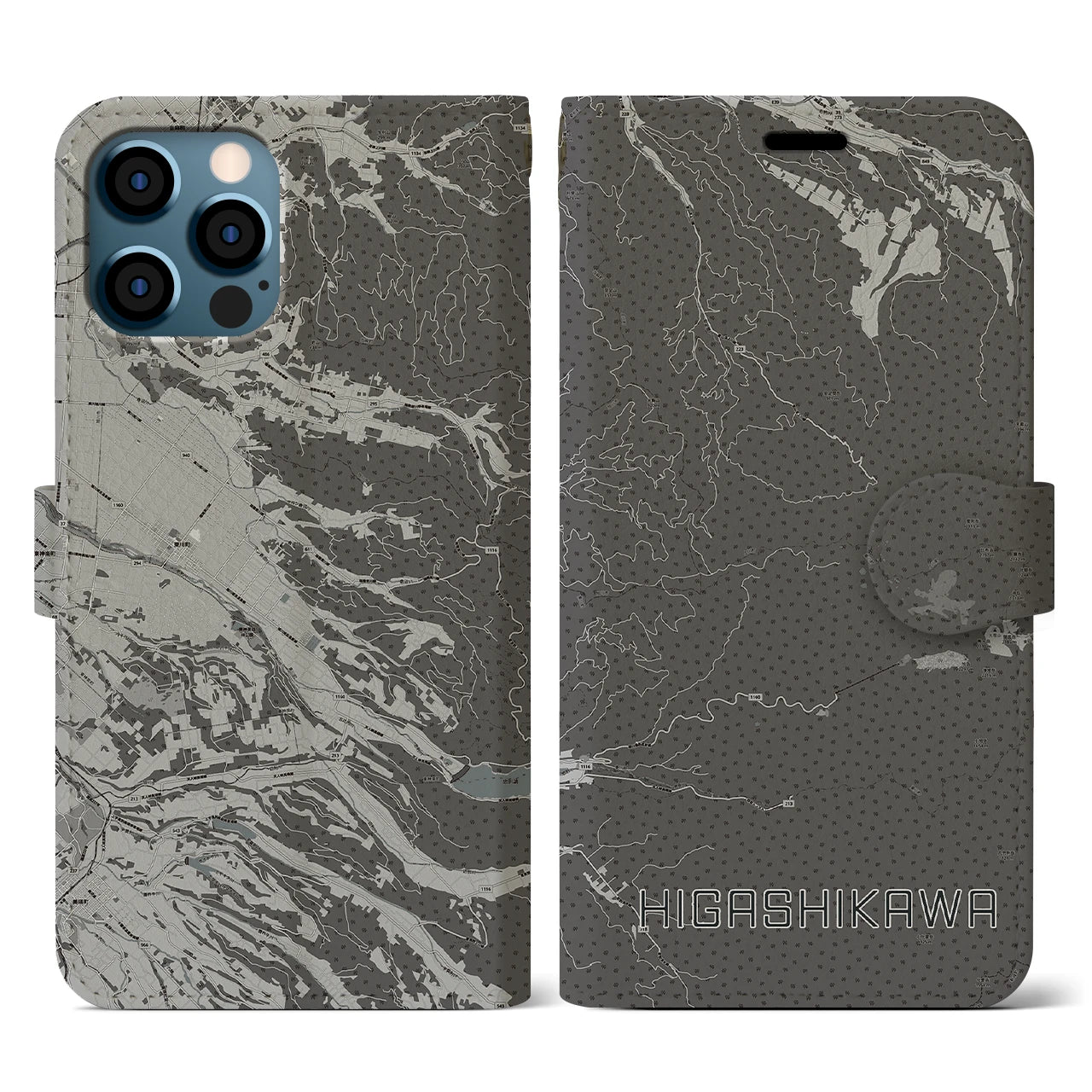 【東川(北海道)】地図柄iPhoneケース(手帳タイプ)モノトーン・iPhone 12 / 12 Pro 用