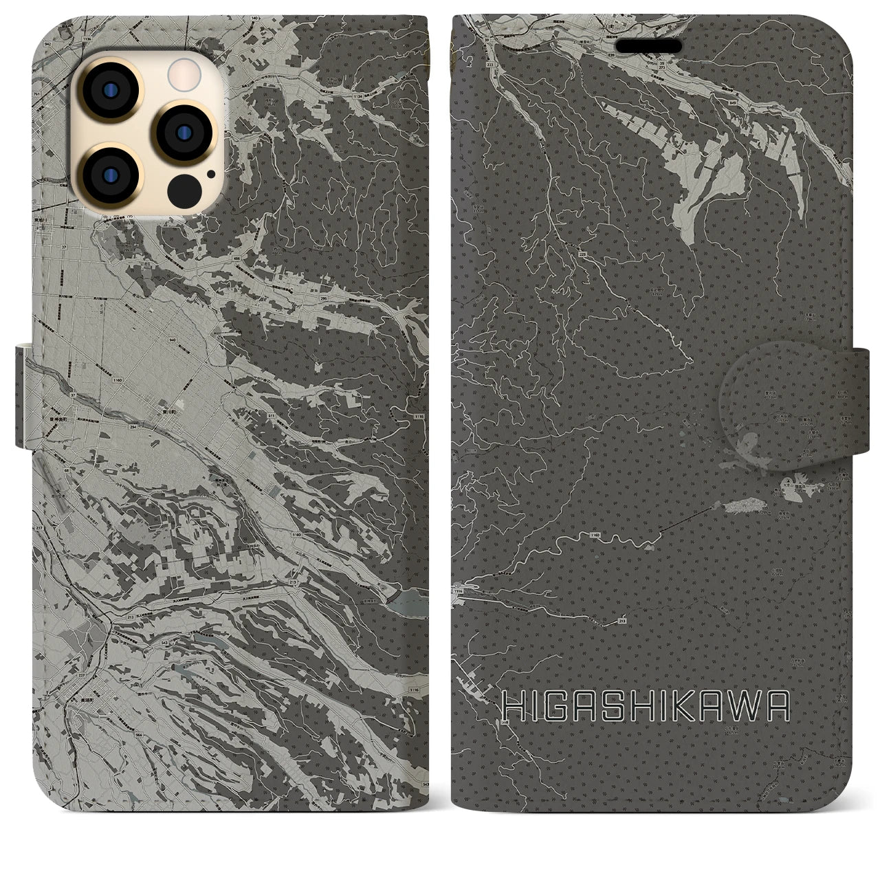 【東川(北海道)】地図柄iPhoneケース(手帳タイプ)モノトーン・iPhone 12 Pro Max 用