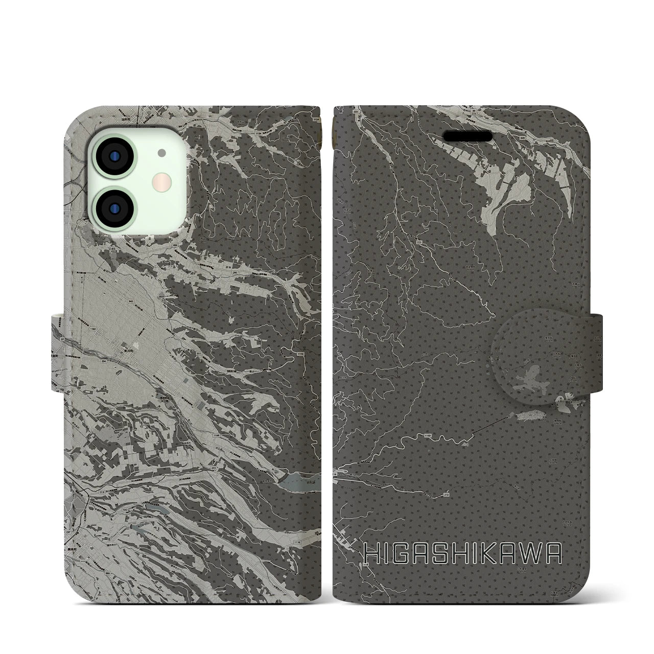 【東川(北海道)】地図柄iPhoneケース(手帳タイプ)モノトーン・iPhone 12 mini 用