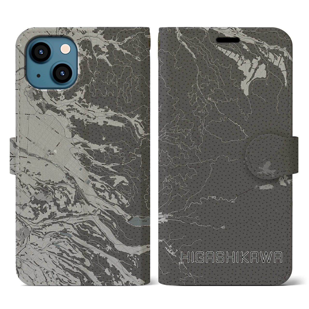 【東川(北海道)】地図柄iPhoneケース(手帳タイプ)モノトーン・iPhone 13 用