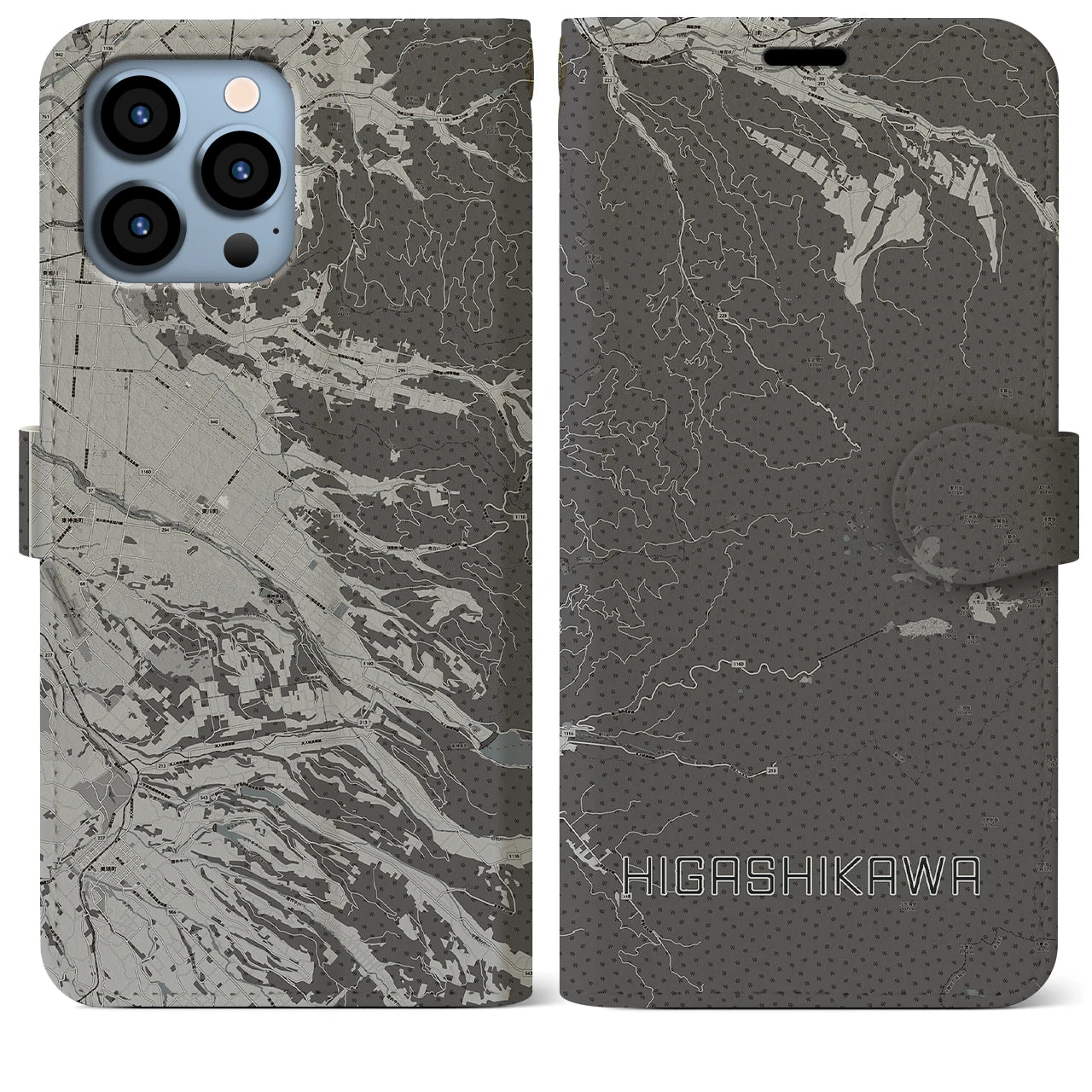 【東川(北海道)】地図柄iPhoneケース(手帳タイプ)モノトーン・iPhone 13 Pro Max 用