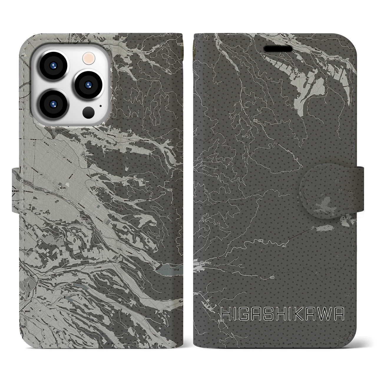 【東川(北海道)】地図柄iPhoneケース(手帳タイプ)モノトーン・iPhone 13 Pro 用