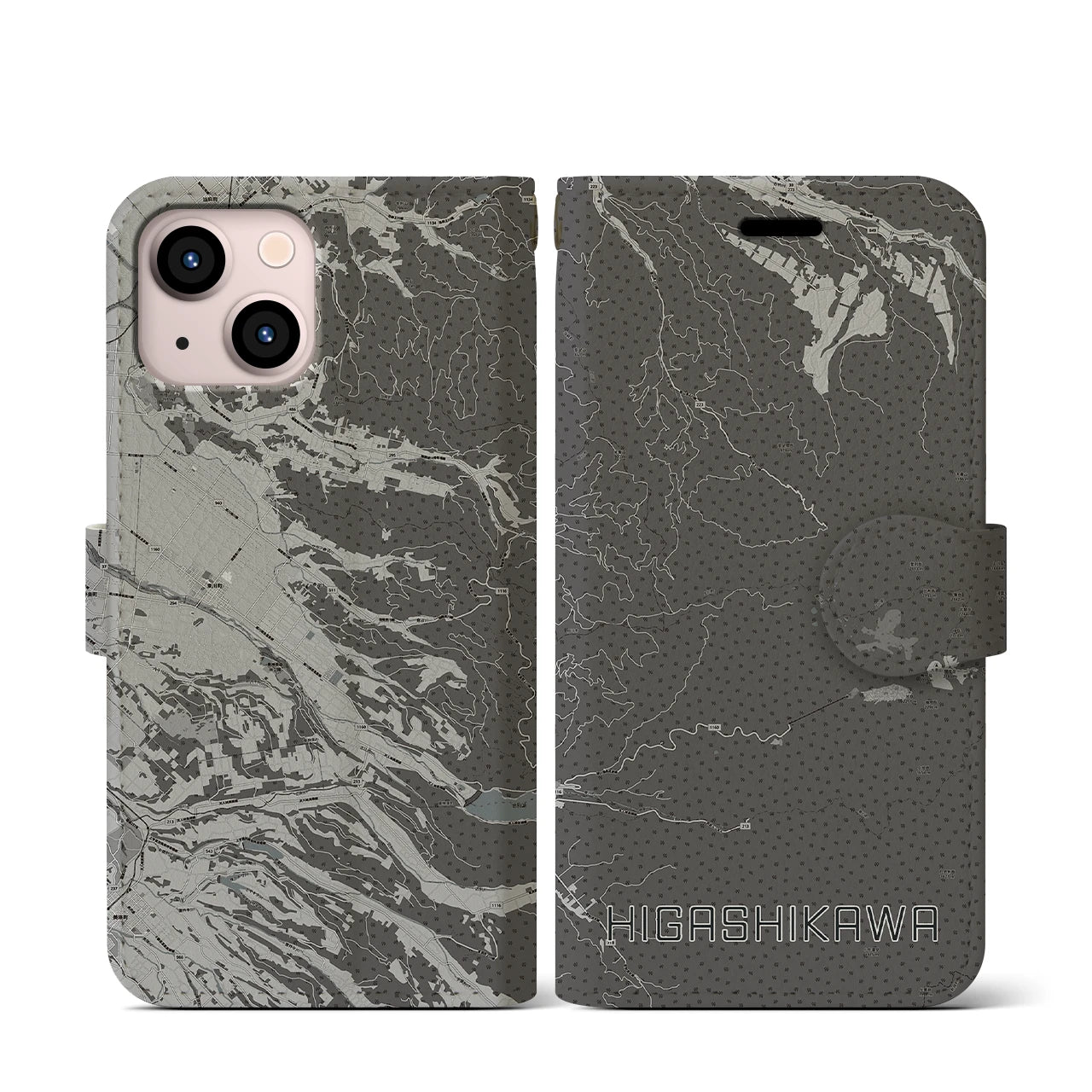 【東川(北海道)】地図柄iPhoneケース(手帳タイプ)モノトーン・iPhone 13 mini 用