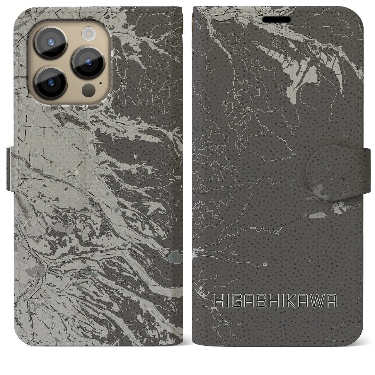 【東川(北海道)】地図柄iPhoneケース(手帳タイプ)モノトーン・iPhone 14 Pro Max 用