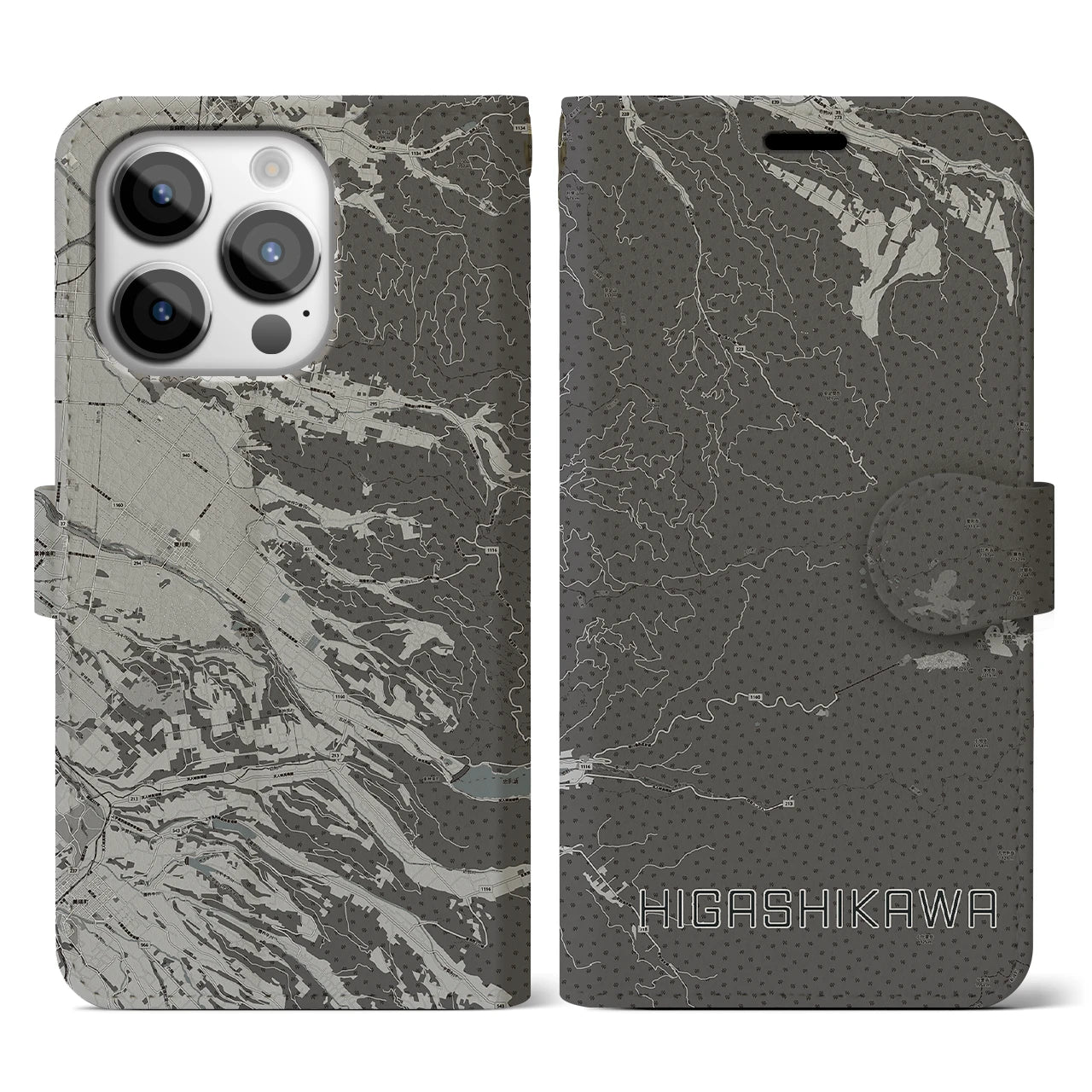 【東川(北海道)】地図柄iPhoneケース(手帳タイプ)モノトーン・iPhone 14 Pro 用