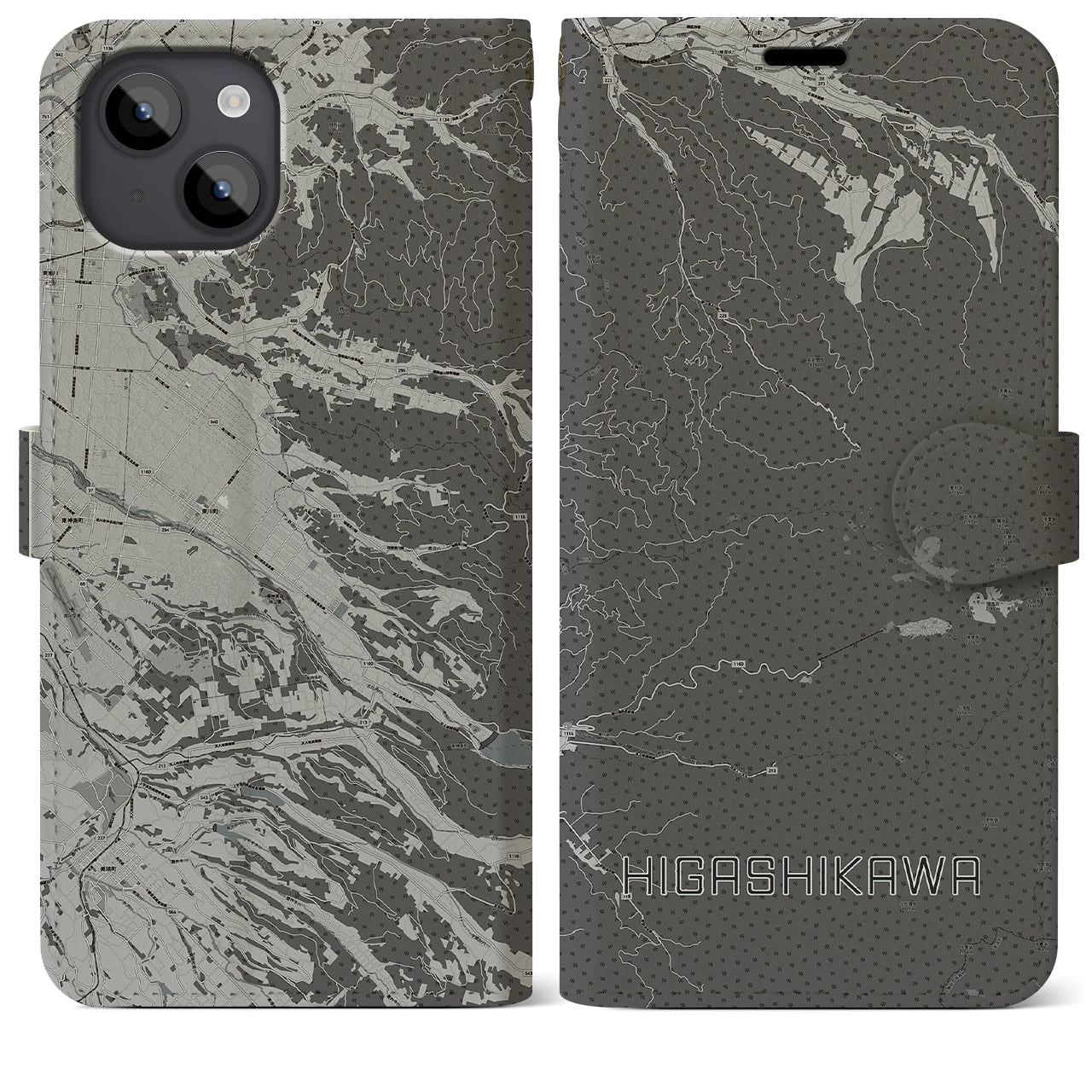 【東川(北海道)】地図柄iPhoneケース(手帳タイプ)モノトーン・iPhone 14 Plus 用