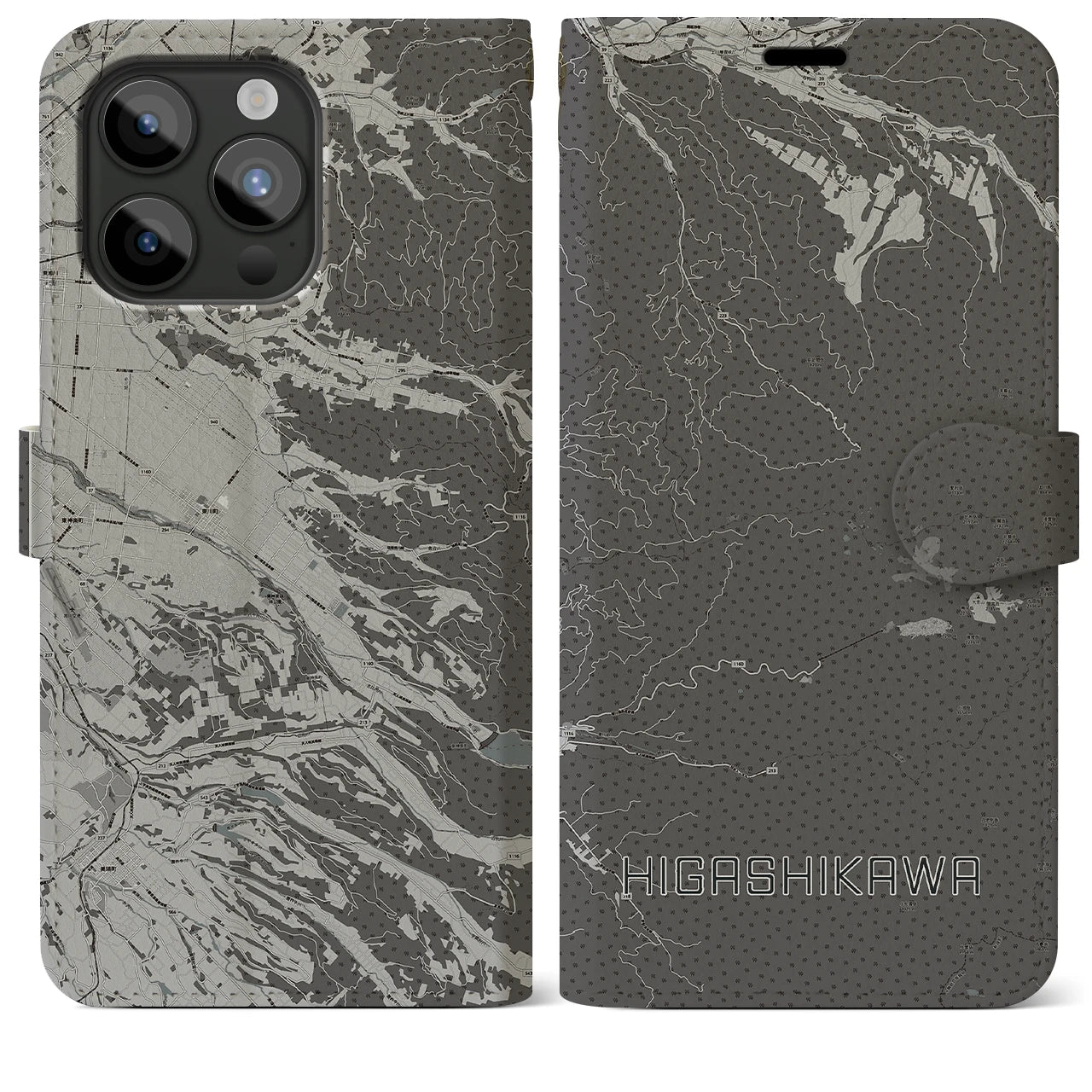 【東川(北海道)】地図柄iPhoneケース(手帳タイプ)モノトーン・iPhone 15 Pro Max 用