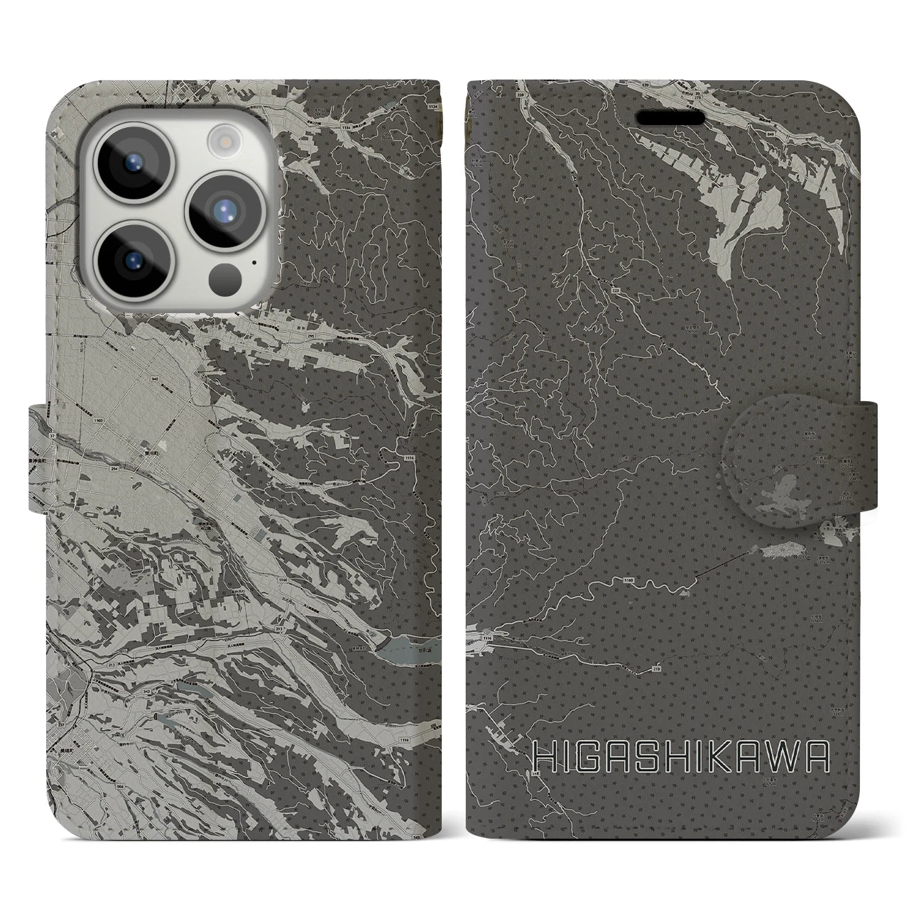 【東川(北海道)】地図柄iPhoneケース(手帳タイプ)モノトーン・iPhone 15 Pro 用