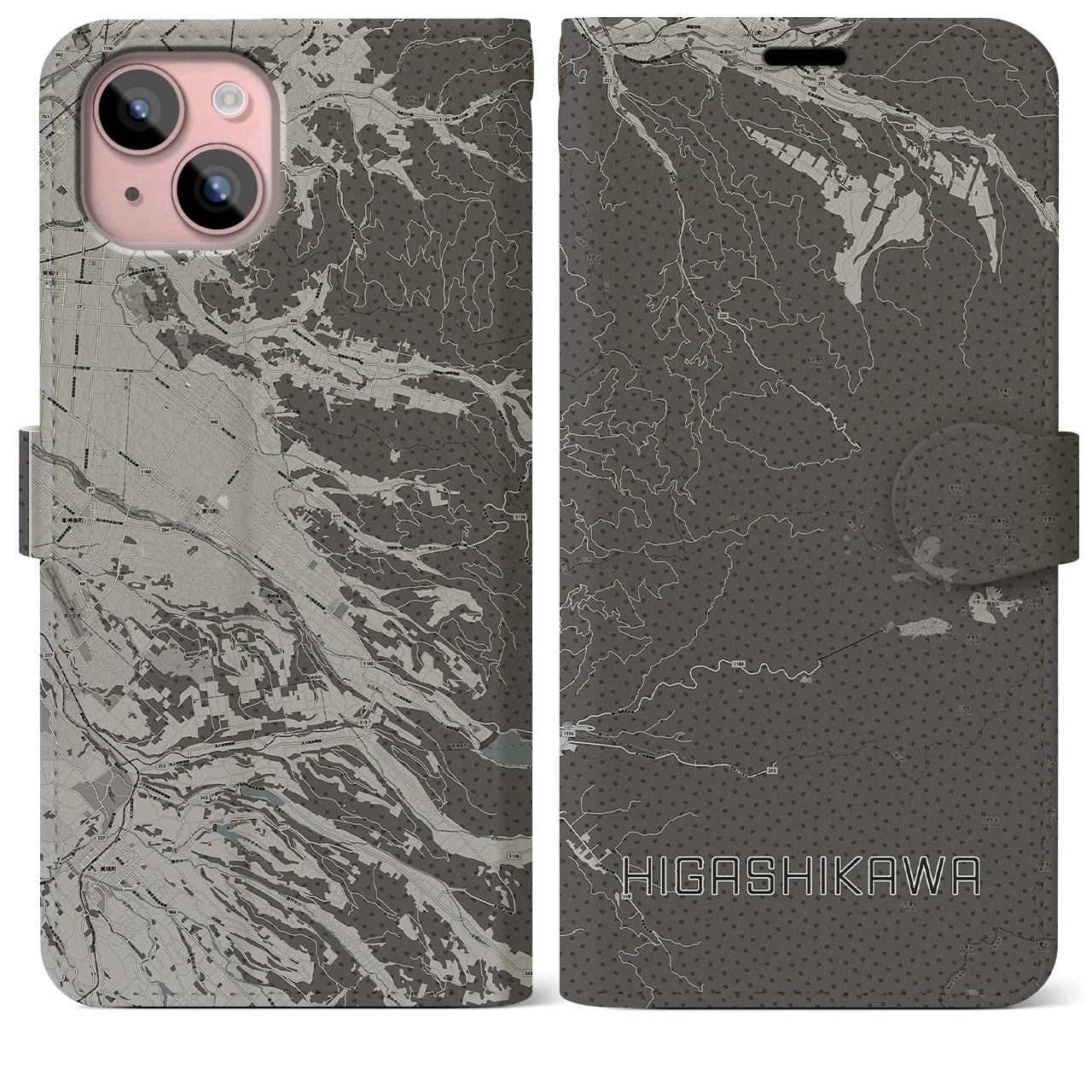 【東川(北海道)】地図柄iPhoneケース(手帳タイプ)モノトーン・iPhone 15 Plus 用