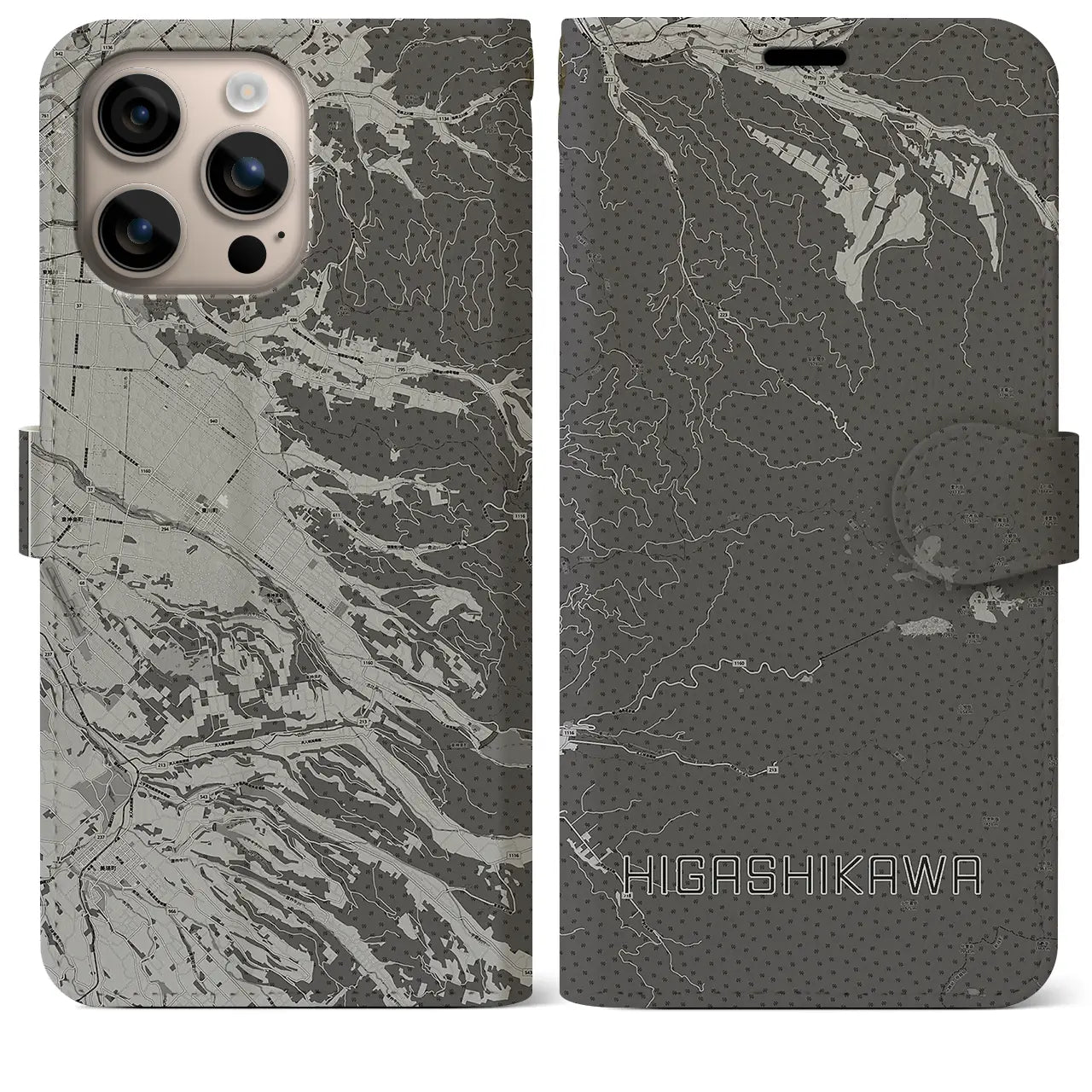 【東川(北海道)】地図柄iPhoneケース(手帳タイプ)モノトーン・iPhone 16 Plus 用