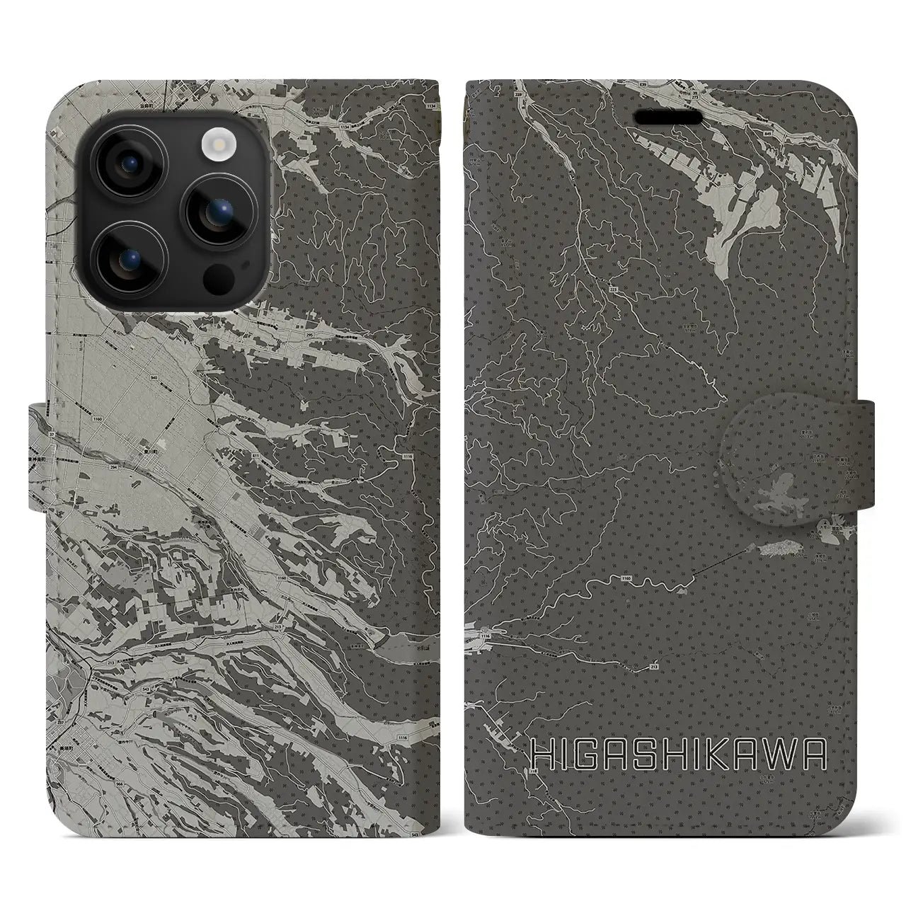 【東川(北海道)】地図柄iPhoneケース(手帳タイプ)モノトーン・iPhone 16 用
