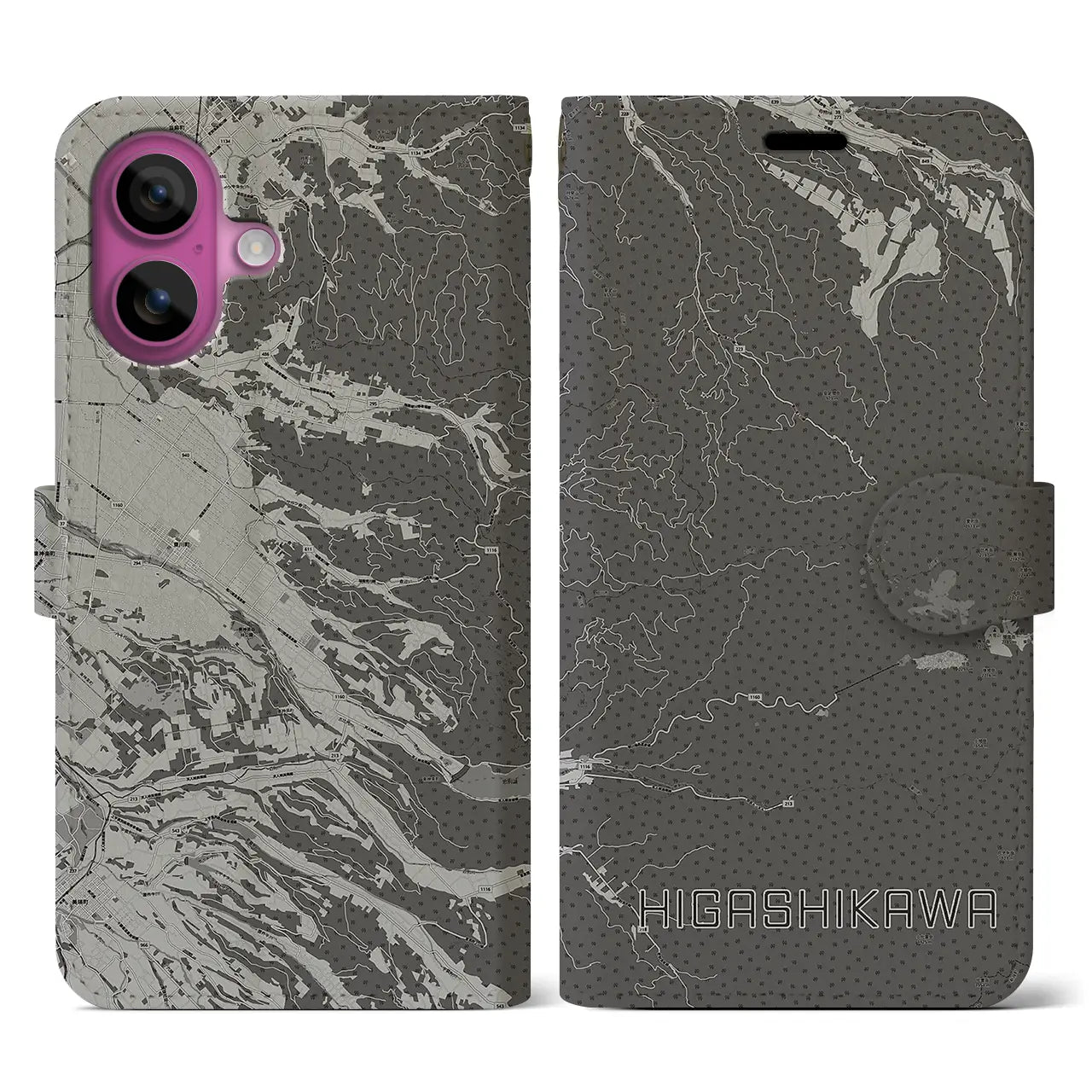 【東川(北海道)】地図柄iPhoneケース(手帳タイプ)モノトーン・iPhone 16 Pro 用