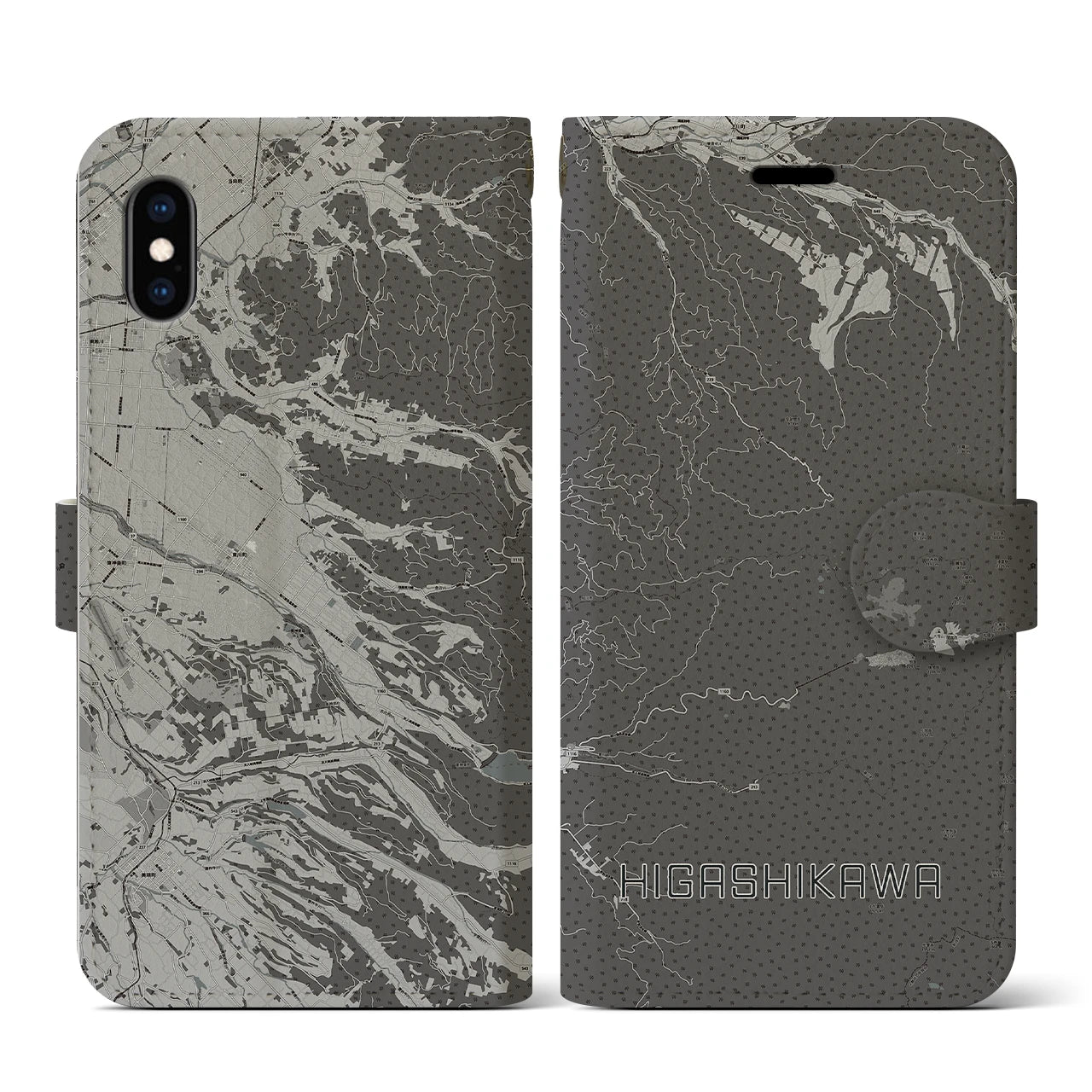 【東川(北海道)】地図柄iPhoneケース(手帳タイプ)モノトーン・iPhone XS / X 用