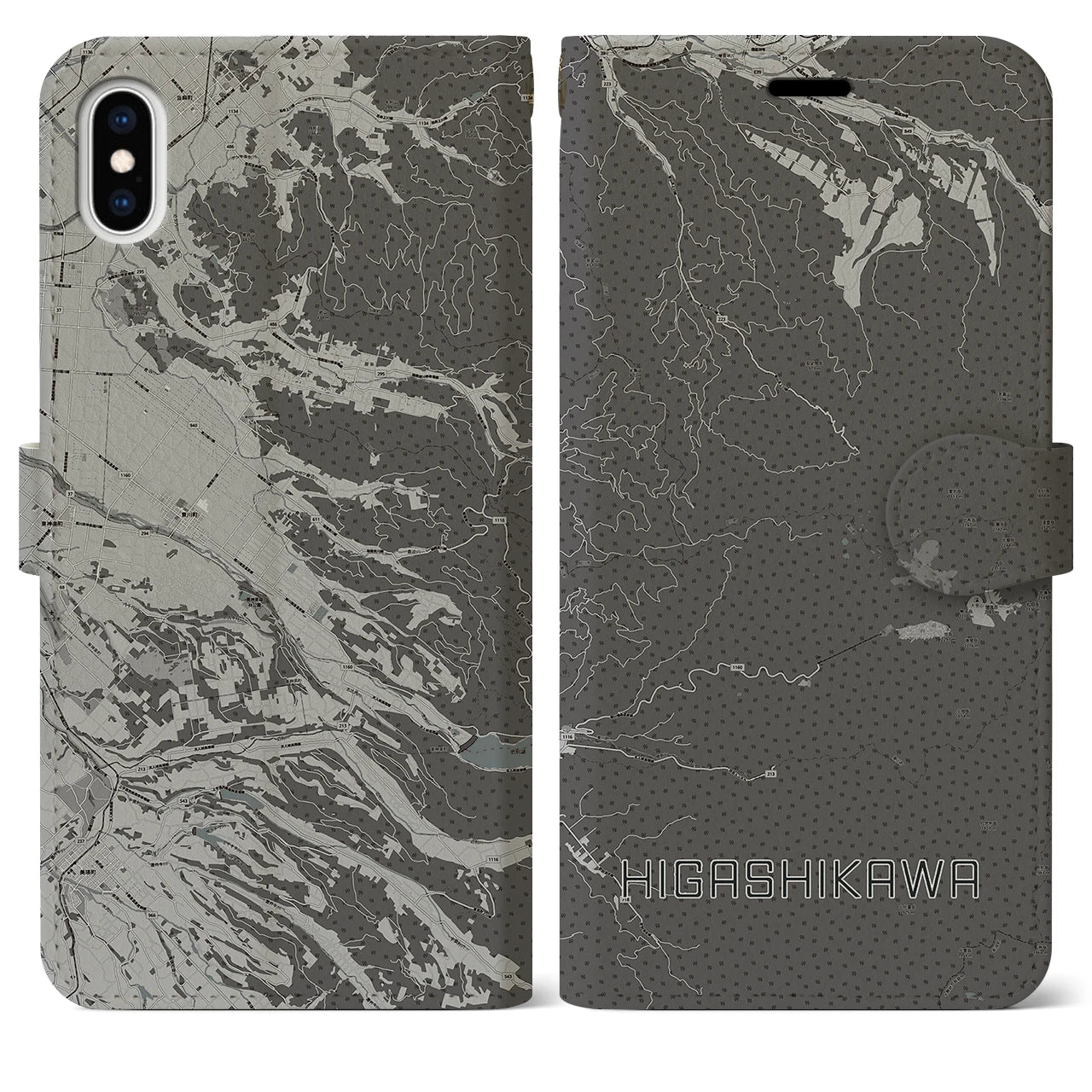 【東川(北海道)】地図柄iPhoneケース(手帳タイプ)モノトーン・iPhone XS Max 用