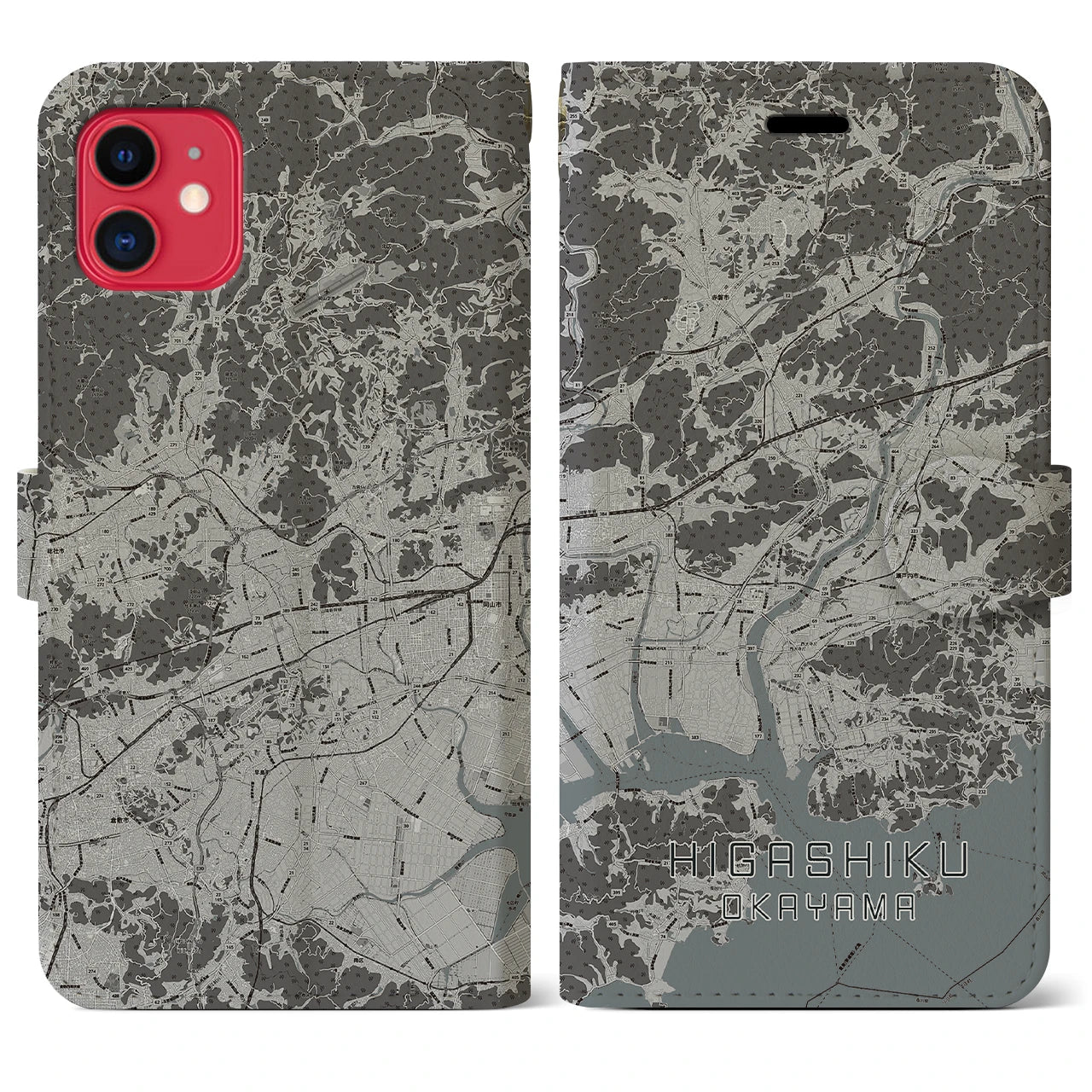 【東区(岡山市)】地図柄iPhoneケース(手帳タイプ)モノトーン・iPhone 11 用