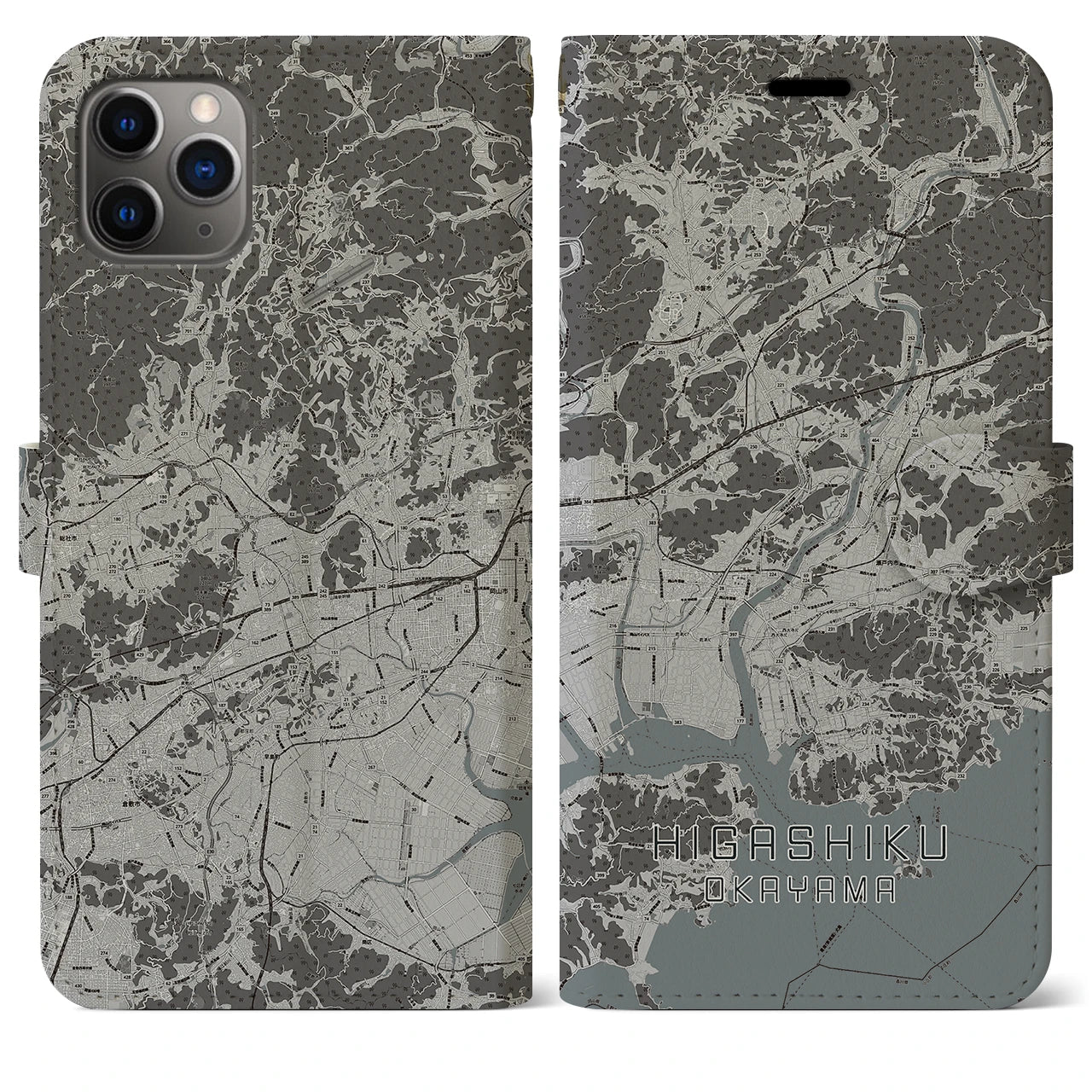 【東区(岡山市)】地図柄iPhoneケース(手帳タイプ)モノトーン・iPhone 11 Pro Max 用