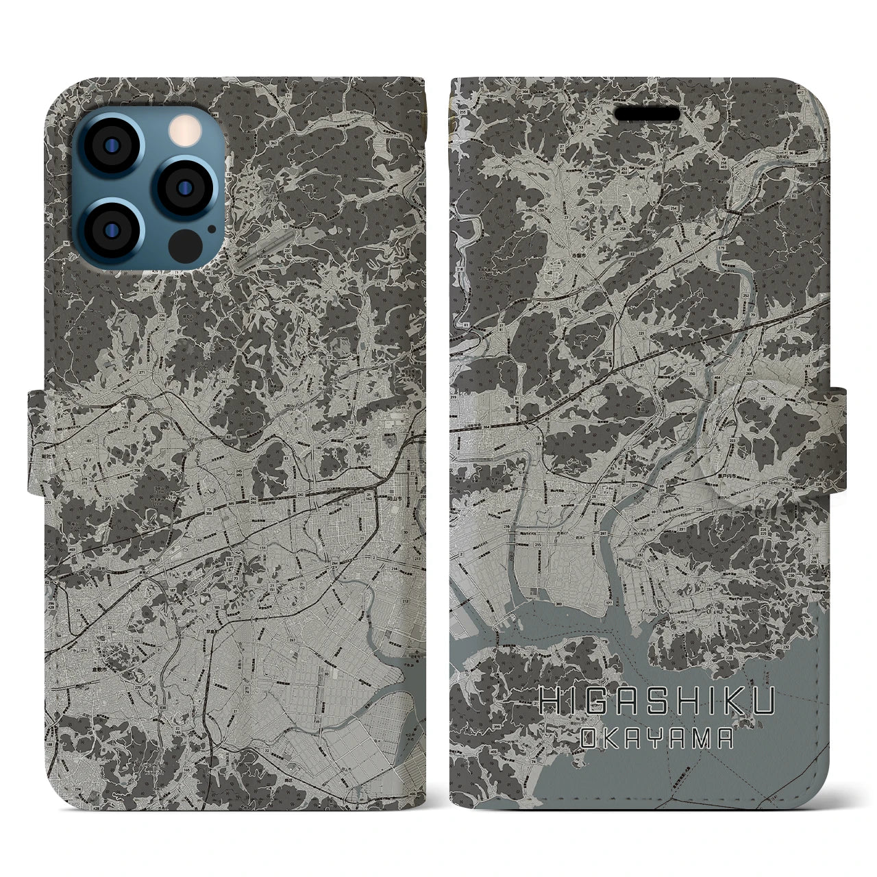 【東区(岡山市)】地図柄iPhoneケース(手帳タイプ)モノトーン・iPhone 12 / 12 Pro 用