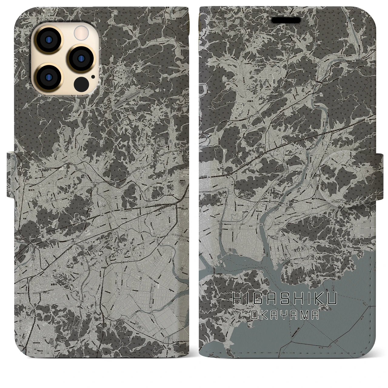 【東区(岡山市)】地図柄iPhoneケース(手帳タイプ)モノトーン・iPhone 12 Pro Max 用