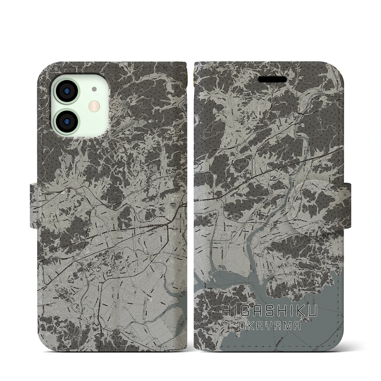 【東区(岡山市)】地図柄iPhoneケース(手帳タイプ)モノトーン・iPhone 12 mini 用