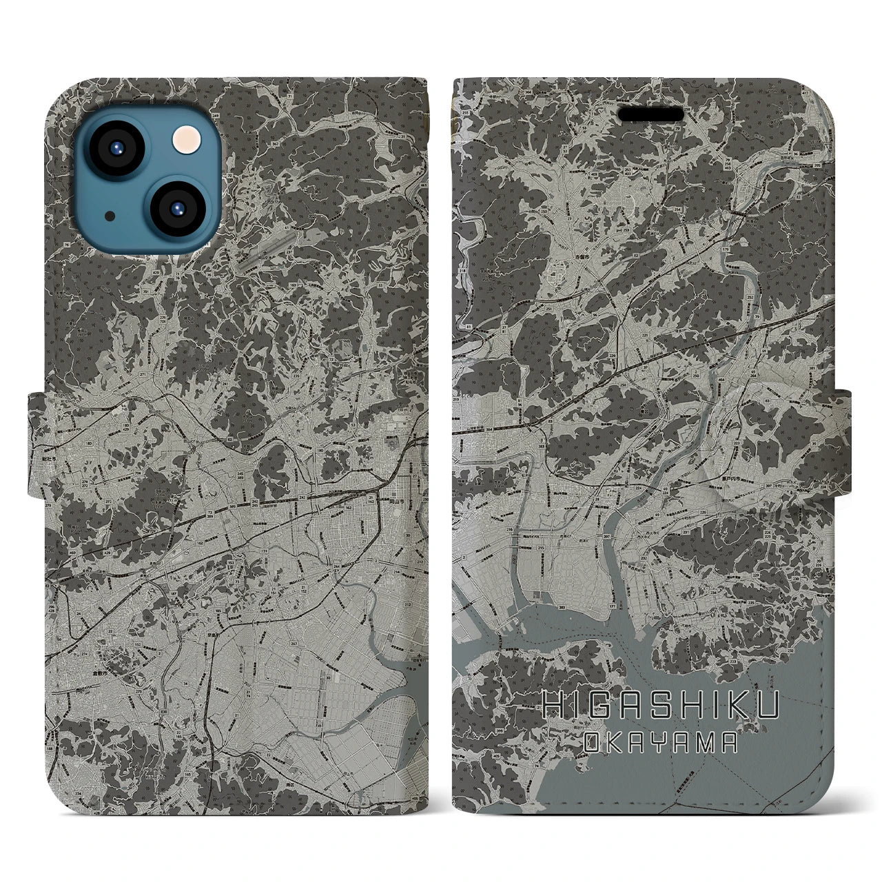 【東区(岡山市)】地図柄iPhoneケース(手帳タイプ)モノトーン・iPhone 13 用