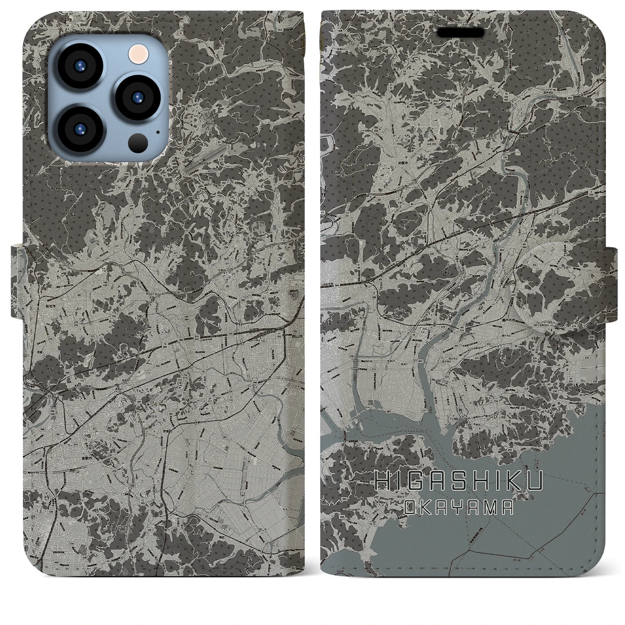 【東区(岡山市)】地図柄iPhoneケース(手帳タイプ)モノトーン・iPhone 13 Pro Max 用