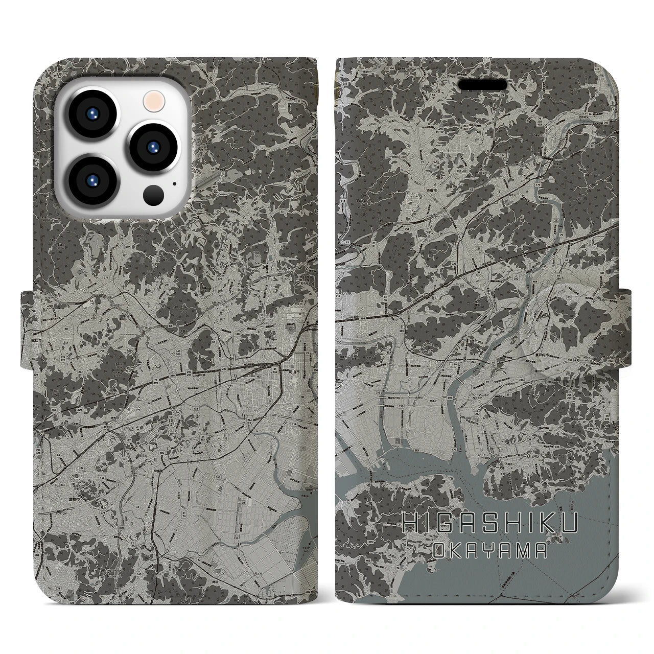 【東区(岡山市)】地図柄iPhoneケース(手帳タイプ)モノトーン・iPhone 13 Pro 用