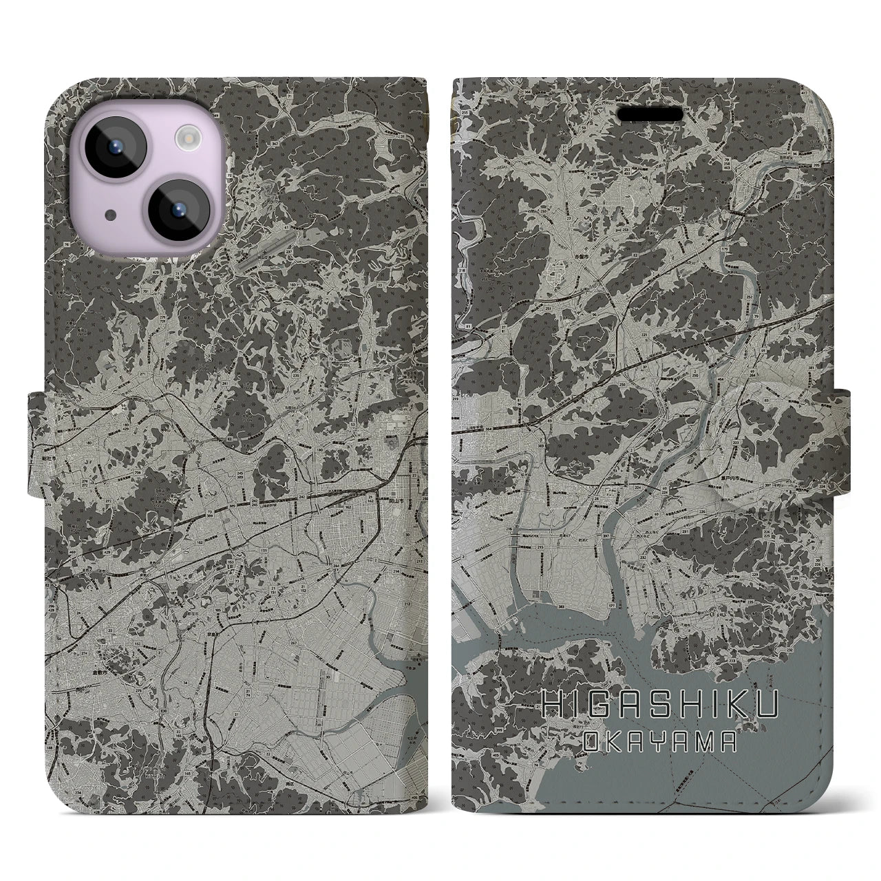 【東区(岡山市)】地図柄iPhoneケース(手帳タイプ)モノトーン・iPhone 14 用