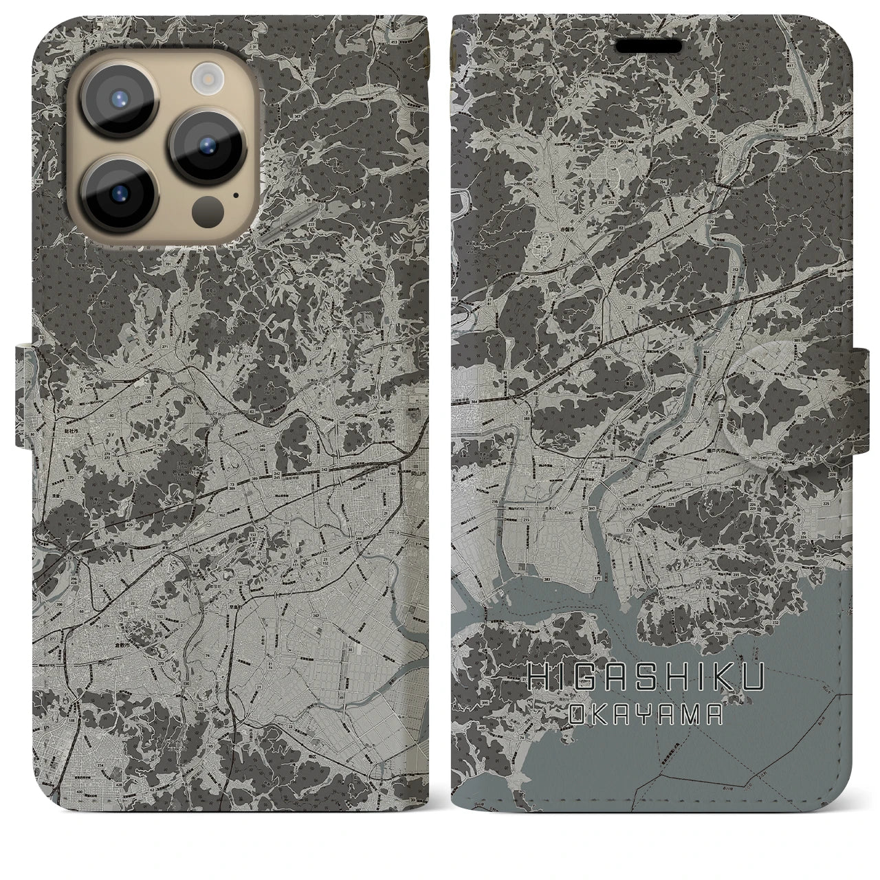 【東区(岡山市)】地図柄iPhoneケース(手帳タイプ)モノトーン・iPhone 14 Pro Max 用
