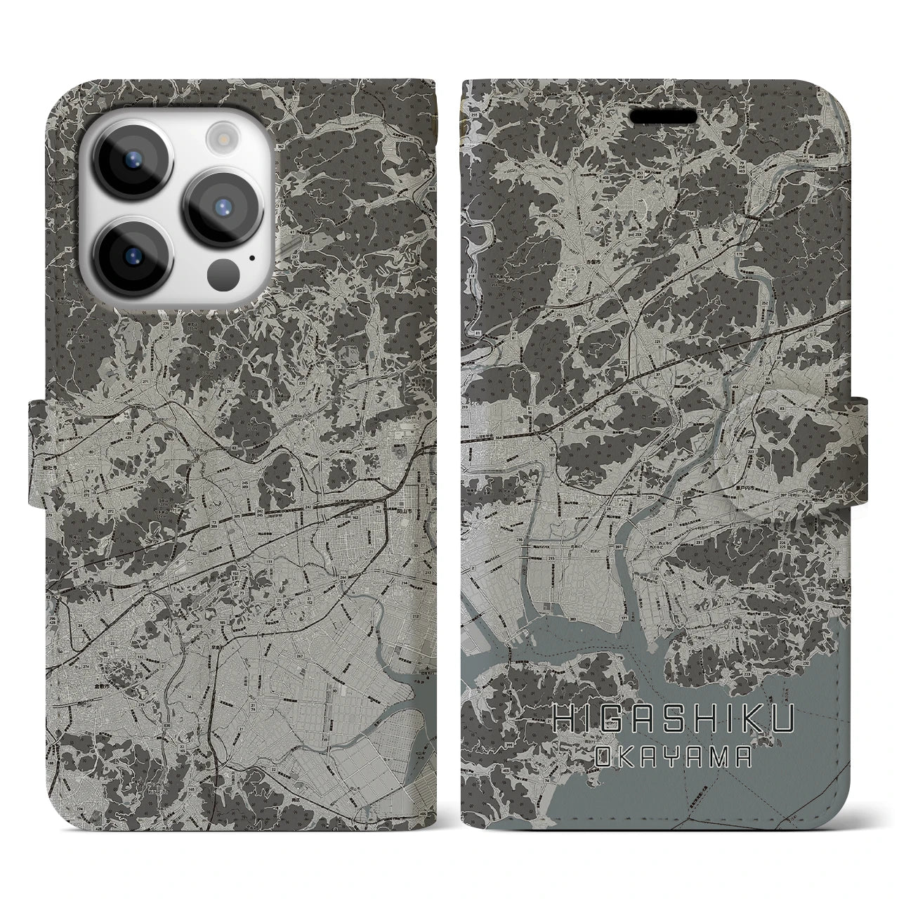 【東区(岡山市)】地図柄iPhoneケース(手帳タイプ)モノトーン・iPhone 14 Pro 用