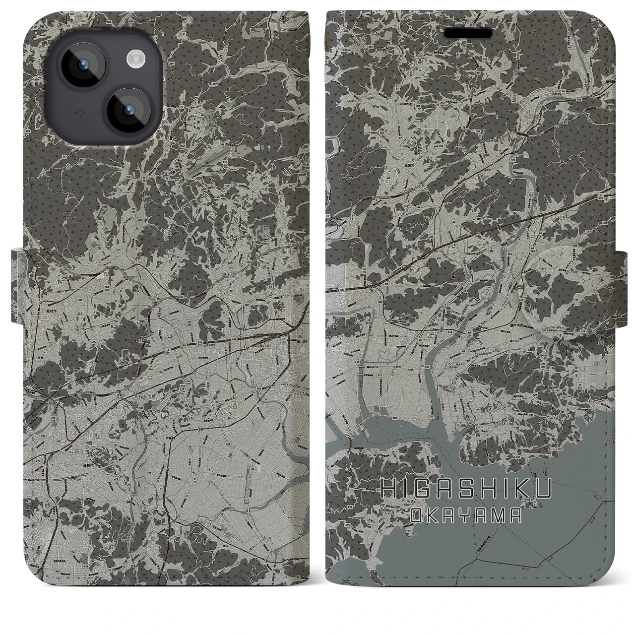 【東区(岡山市)】地図柄iPhoneケース(手帳タイプ)モノトーン・iPhone 14 Plus 用