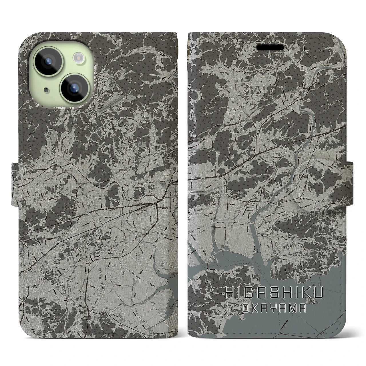 【東区(岡山市)】地図柄iPhoneケース(手帳タイプ)モノトーン・iPhone 15 用