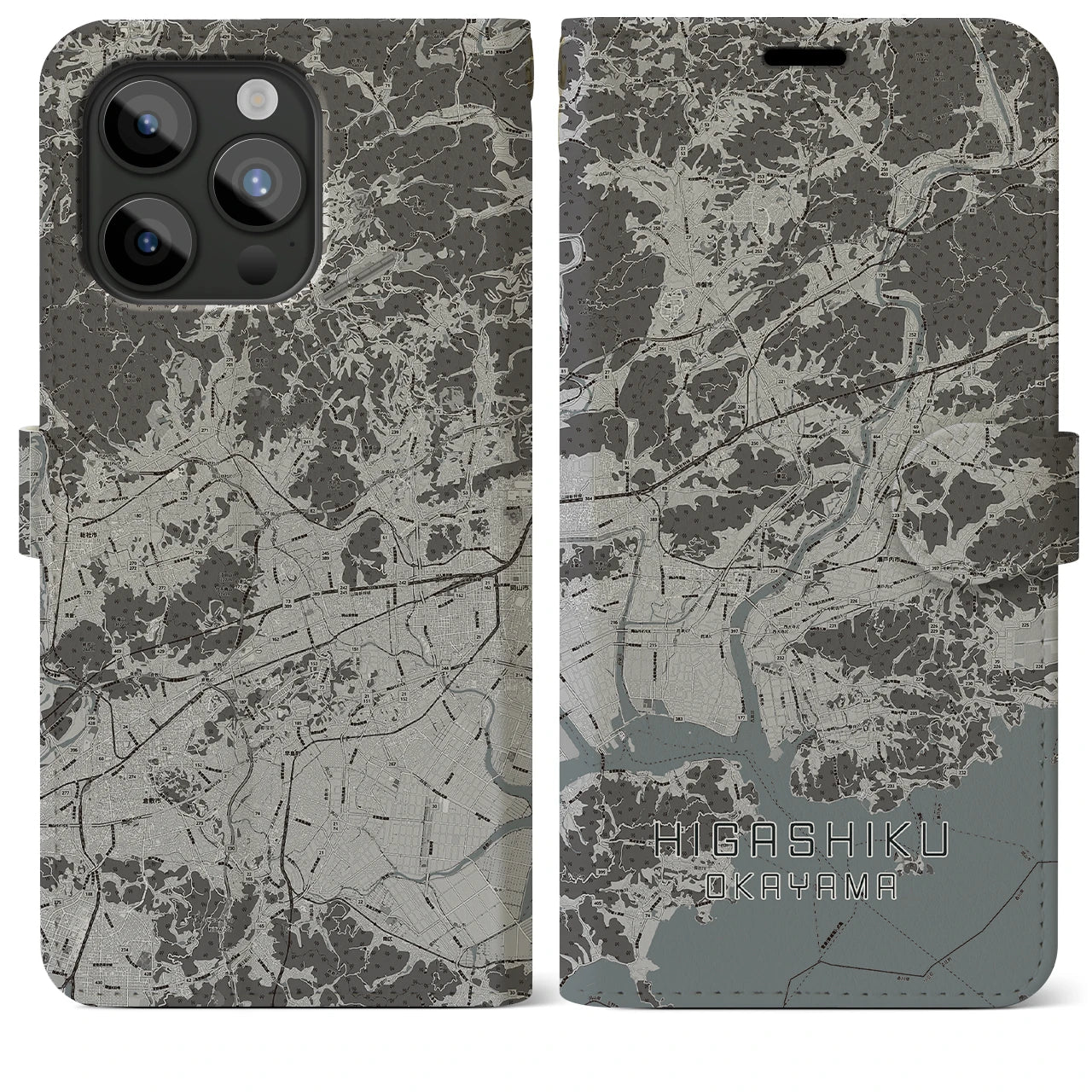 【東区(岡山市)】地図柄iPhoneケース(手帳タイプ)モノトーン・iPhone 15 Pro Max 用