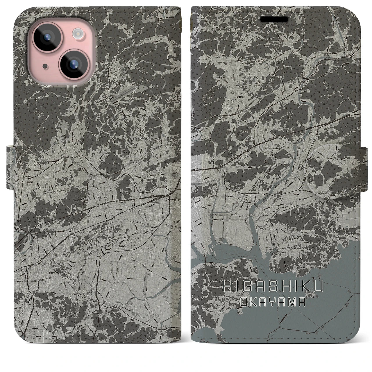 【東区(岡山市)】地図柄iPhoneケース(手帳タイプ)モノトーン・iPhone 15 Plus 用