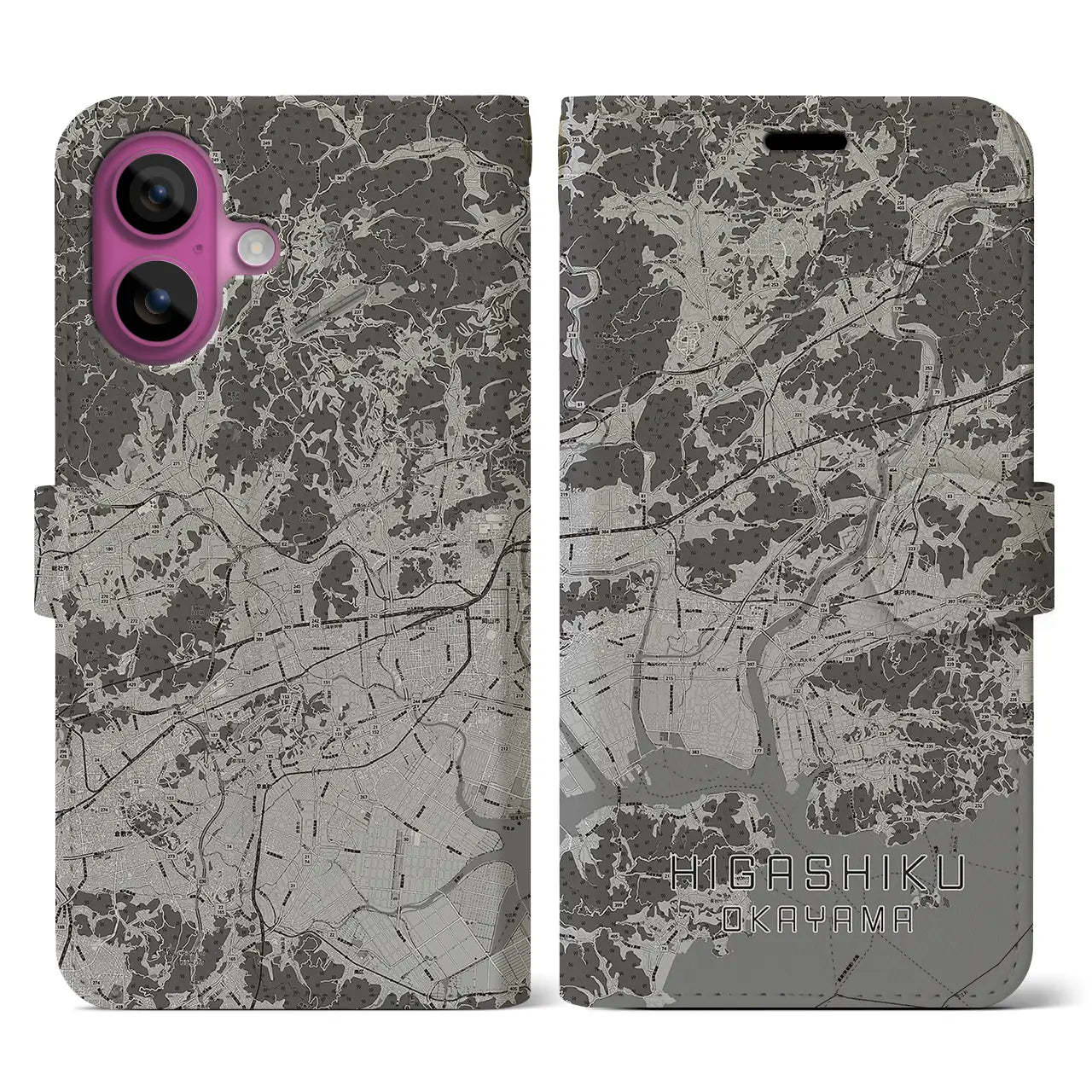 【東区(岡山市)】地図柄iPhoneケース(手帳タイプ)モノトーン・iPhone 16 Pro 用