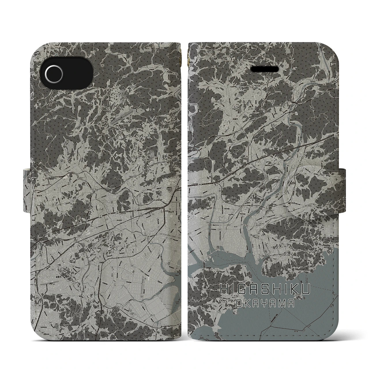 【東区(岡山市)】地図柄iPhoneケース(手帳タイプ)モノトーン・iPhone SE(第3 / 第2世代) / 8 / 7 / 6s / 6 用