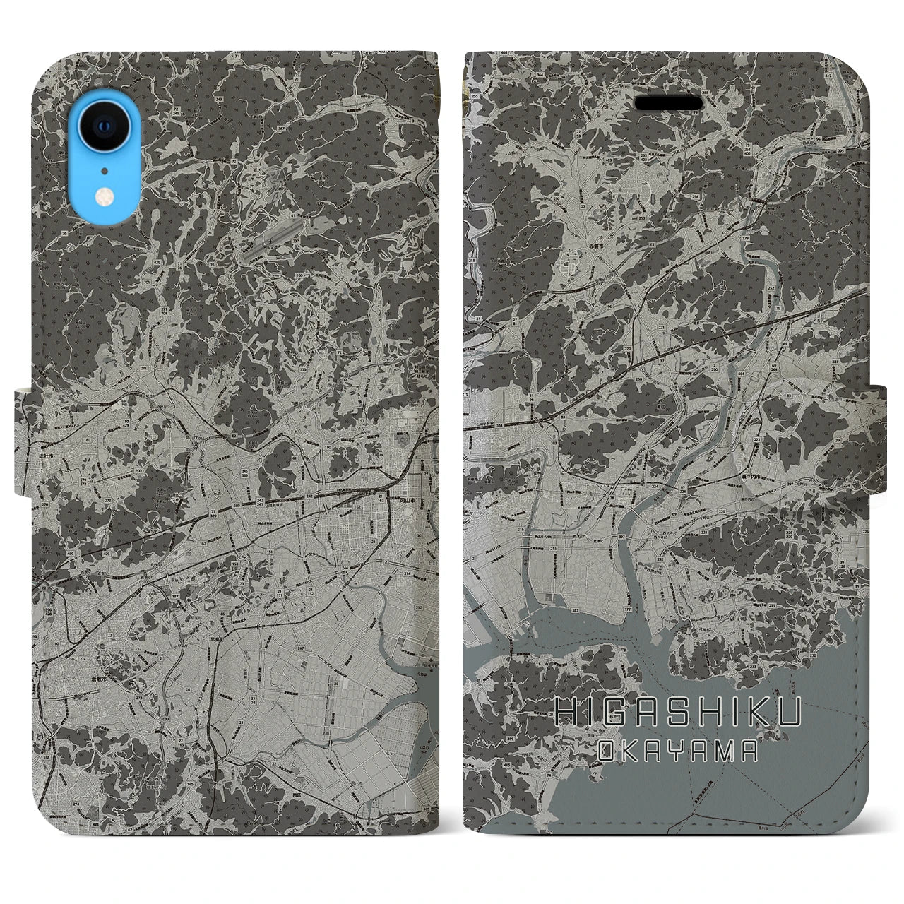 【東区(岡山市)】地図柄iPhoneケース(手帳タイプ)モノトーン・iPhone XR 用