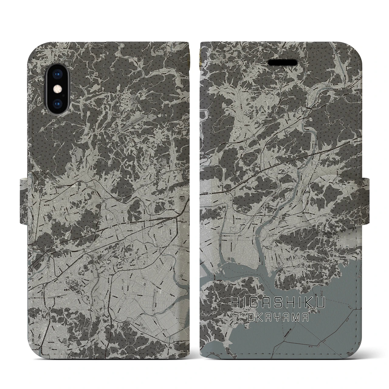 【東区(岡山市)】地図柄iPhoneケース(手帳タイプ)モノトーン・iPhone XS / X 用