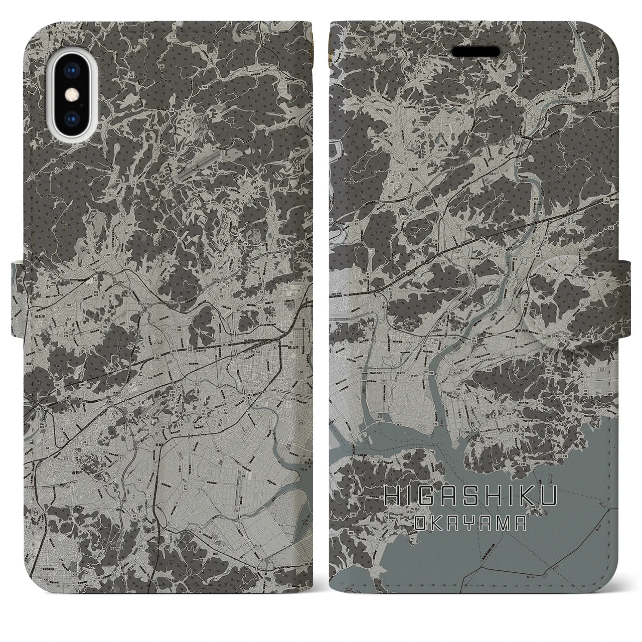 【東区(岡山市)】地図柄iPhoneケース(手帳タイプ)モノトーン・iPhone XS Max 用