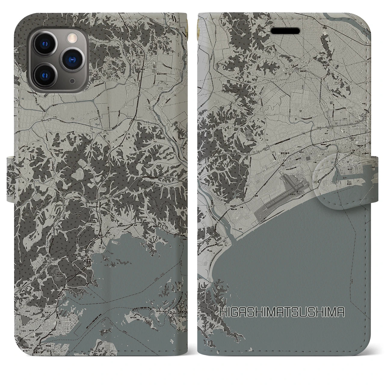 【東松島(宮城県)】地図柄iPhoneケース(手帳タイプ)モノトーン・iPhone 11 Pro Max 用