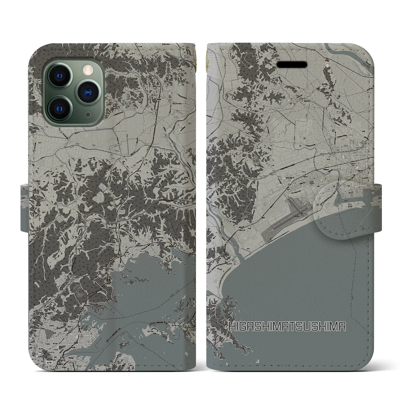 【東松島(宮城県)】地図柄iPhoneケース(手帳タイプ)モノトーン・iPhone 11 Pro 用