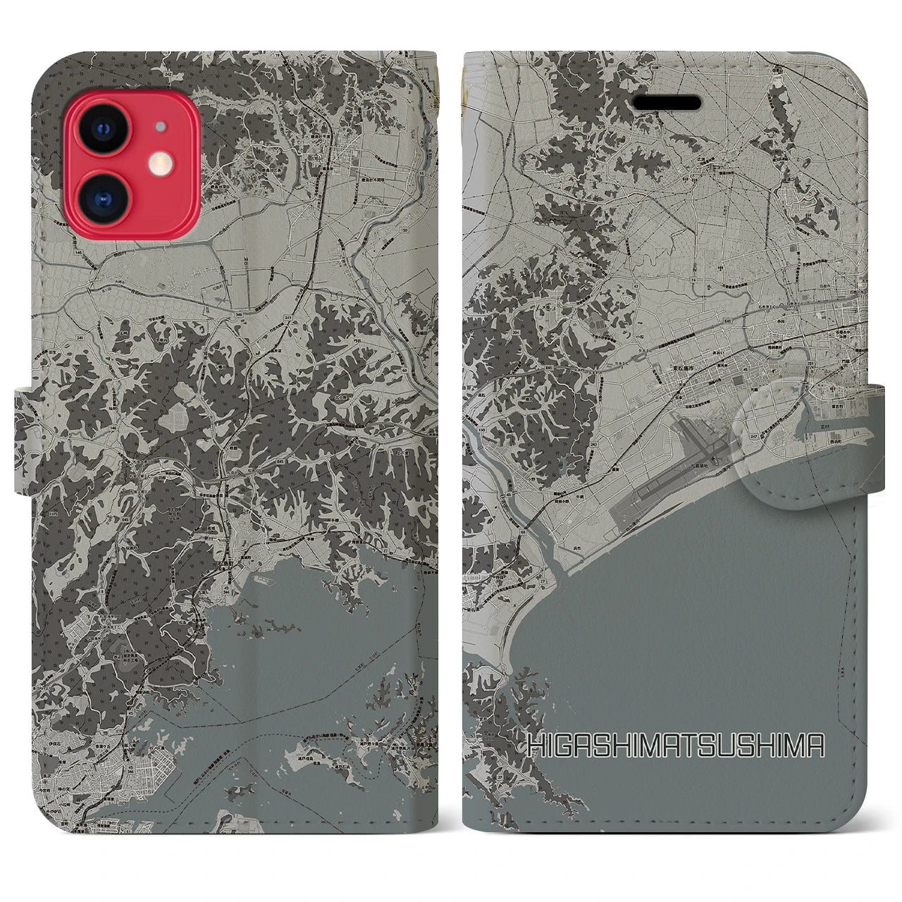 【東松島(宮城県)】地図柄iPhoneケース(手帳タイプ)モノトーン・iPhone 11 用