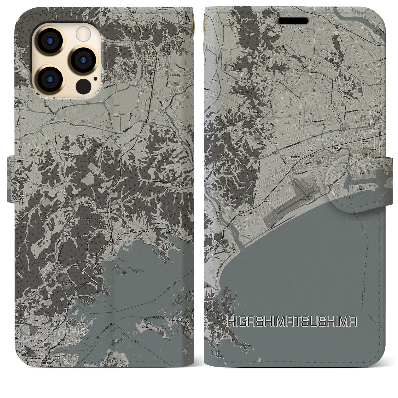 【東松島(宮城県)】地図柄iPhoneケース(手帳タイプ)モノトーン・iPhone 12 Pro Max 用