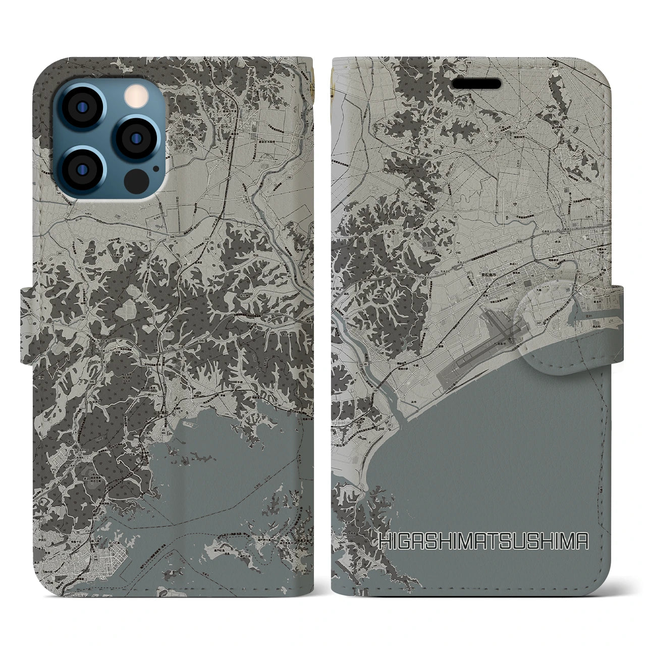 【東松島(宮城県)】地図柄iPhoneケース(手帳タイプ)モノトーン・iPhone 12 / 12 Pro 用