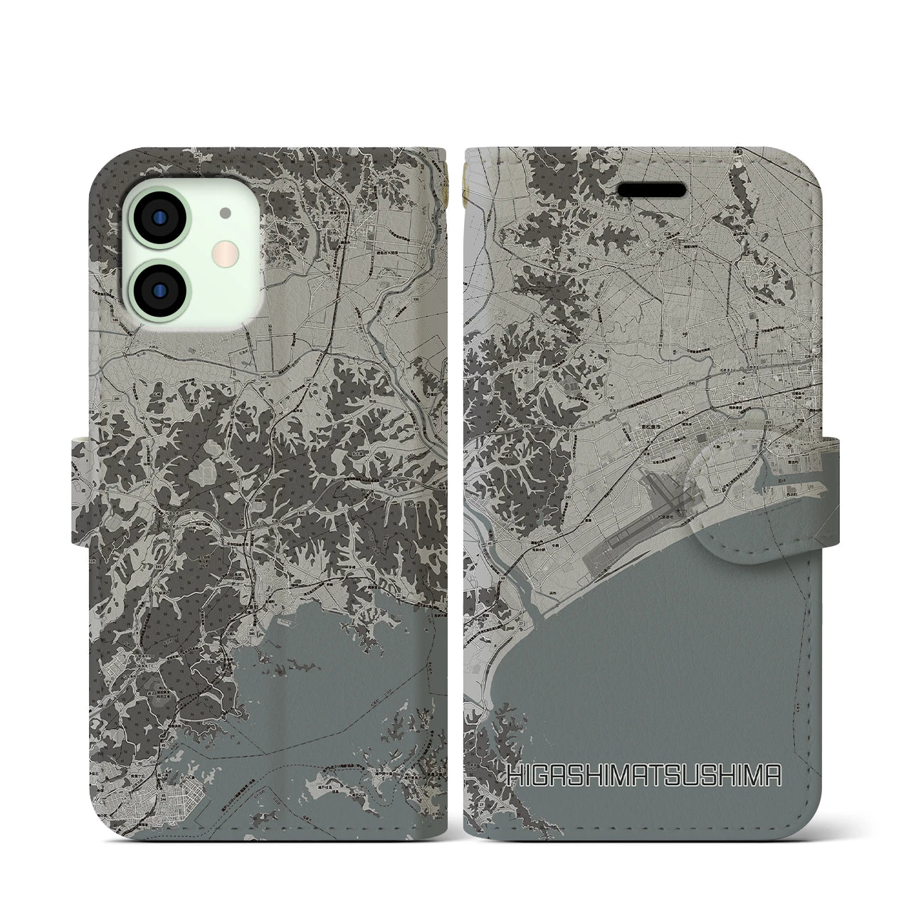 【東松島(宮城県)】地図柄iPhoneケース(手帳タイプ)モノトーン・iPhone 12 mini 用