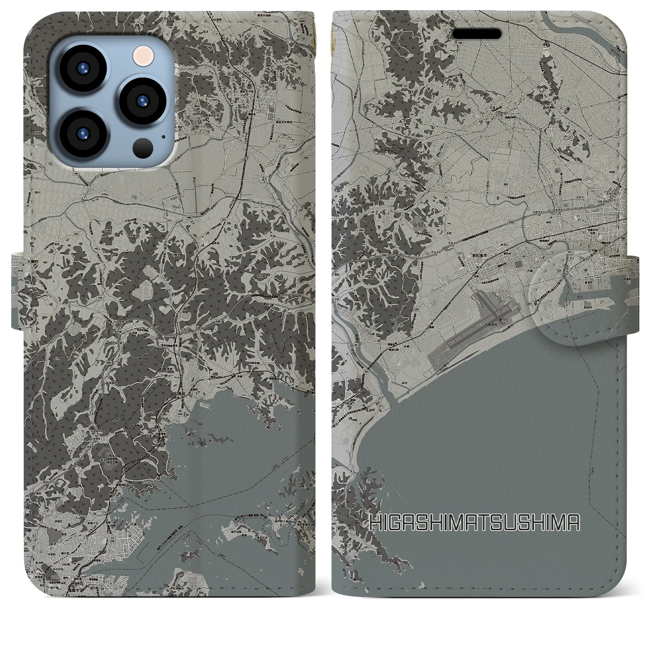 【東松島(宮城県)】地図柄iPhoneケース(手帳タイプ)モノトーン・iPhone 13 Pro Max 用