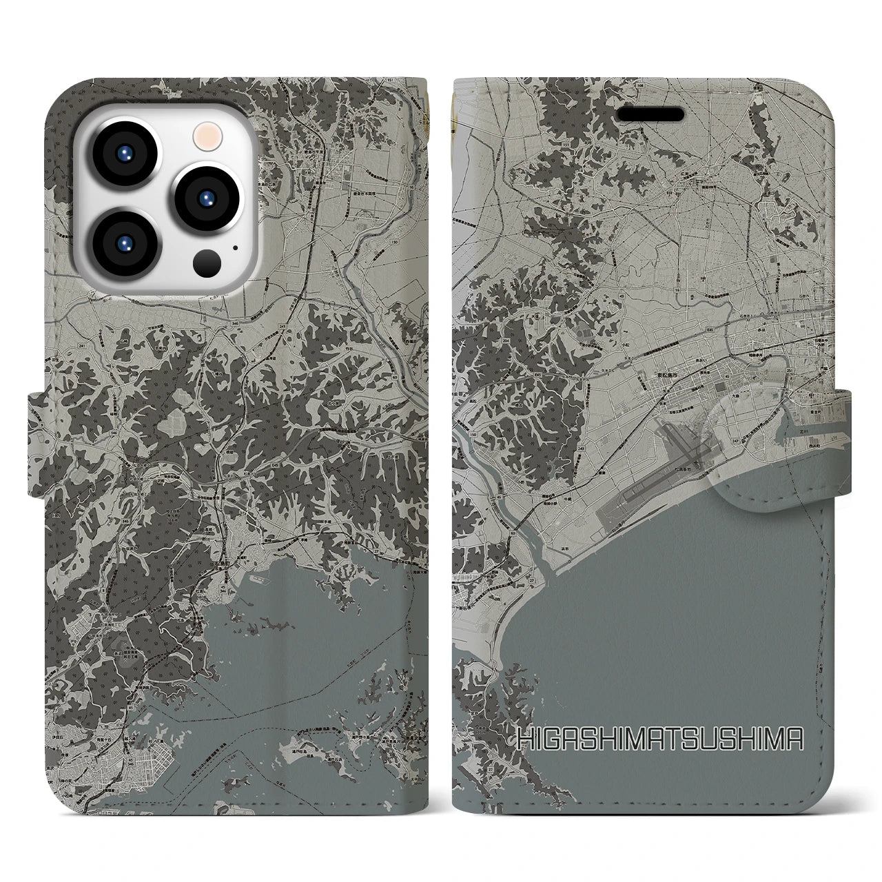 【東松島(宮城県)】地図柄iPhoneケース(手帳タイプ)モノトーン・iPhone 13 Pro 用