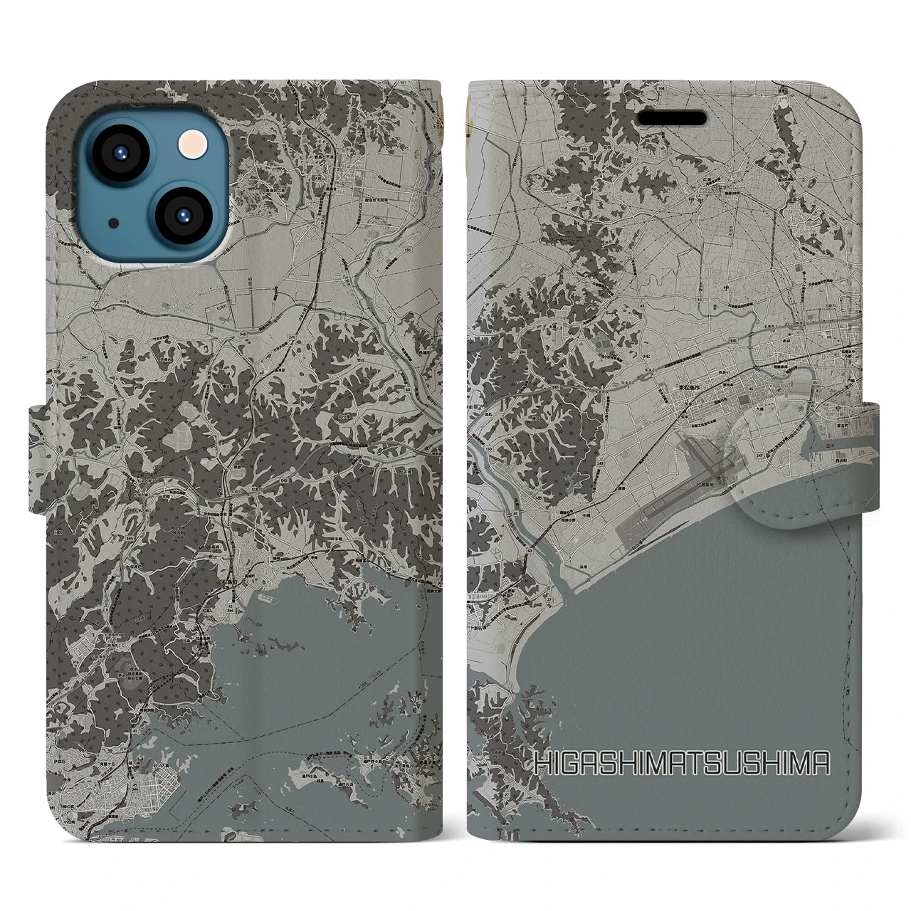 【東松島(宮城県)】地図柄iPhoneケース(手帳タイプ)モノトーン・iPhone 13 用