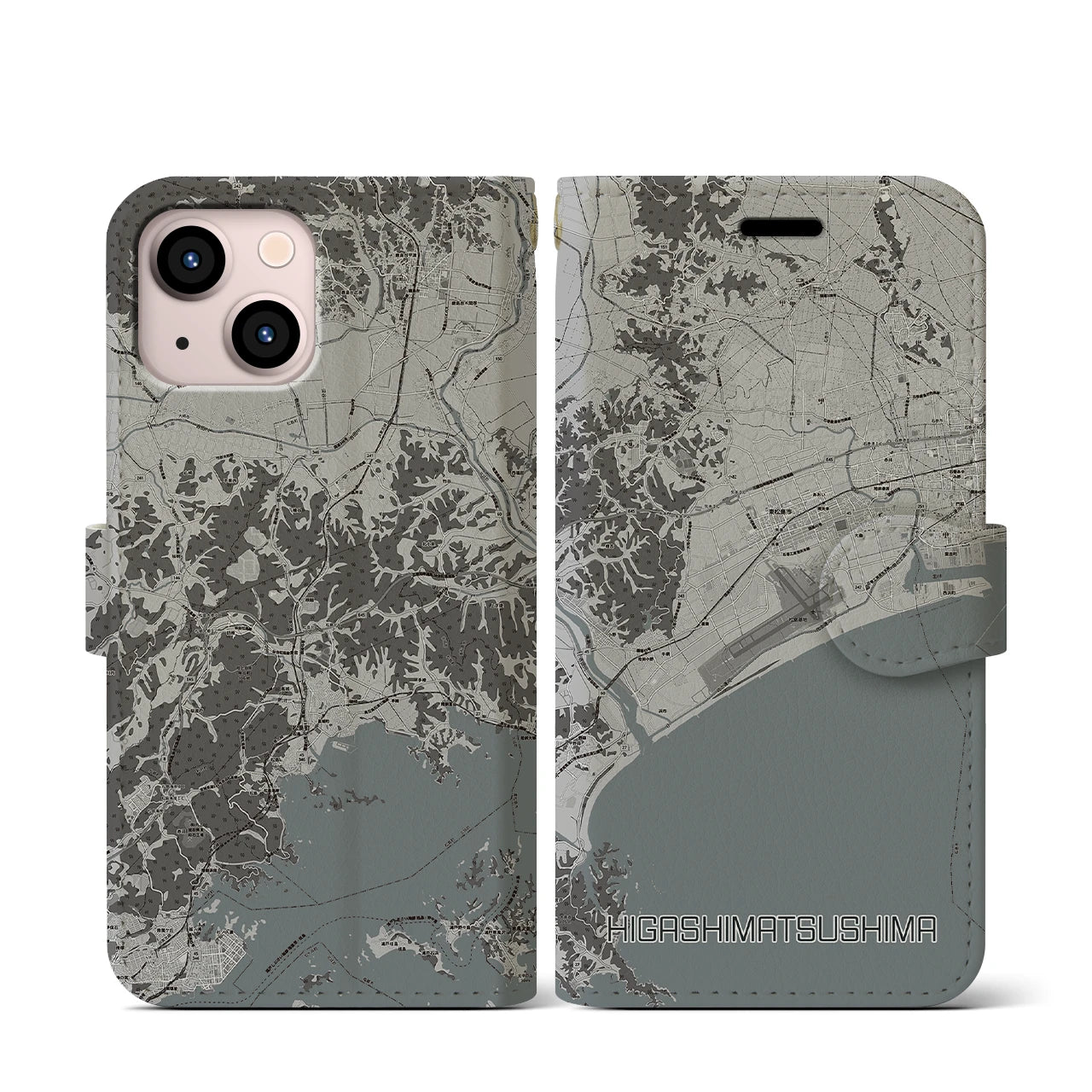 【東松島(宮城県)】地図柄iPhoneケース(手帳タイプ)モノトーン・iPhone 13 mini 用