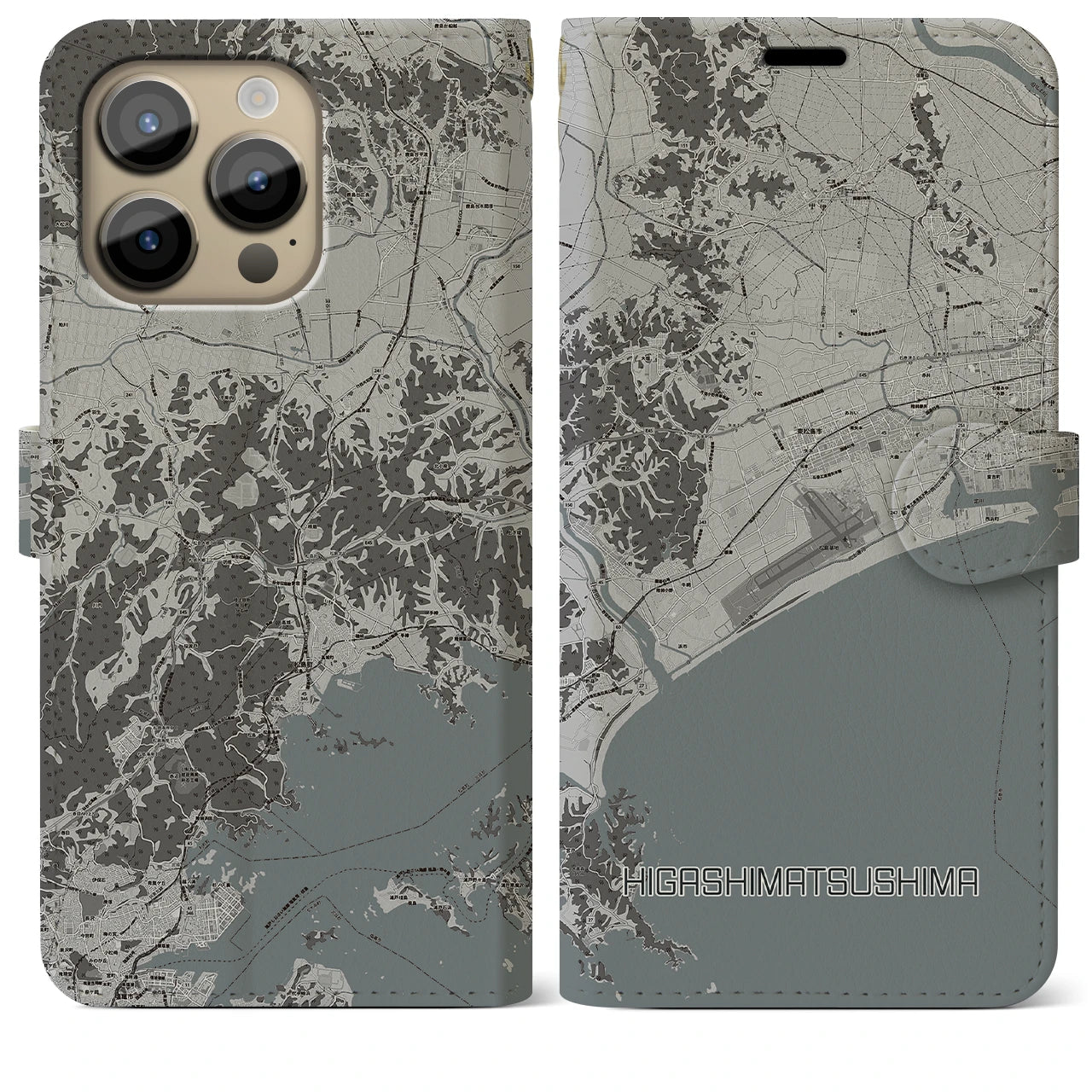 【東松島(宮城県)】地図柄iPhoneケース(手帳タイプ)モノトーン・iPhone 14 Pro Max 用